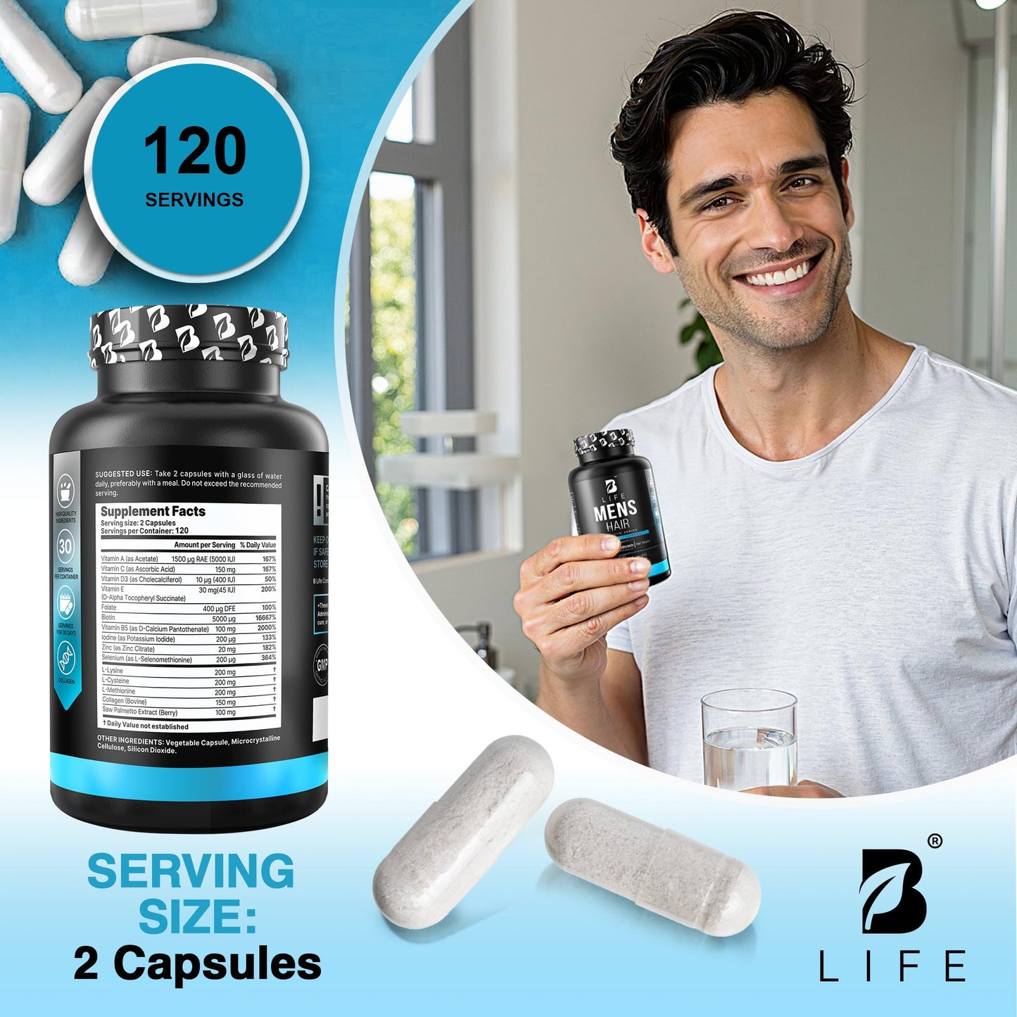 B Life Company Men’s Hair Growth Supplement – Biotin & Collagen Hair Vitamins for Men – Hair Loss Supplement with Zinc, Selenium & Vitamins A C D E – 240 Capsules