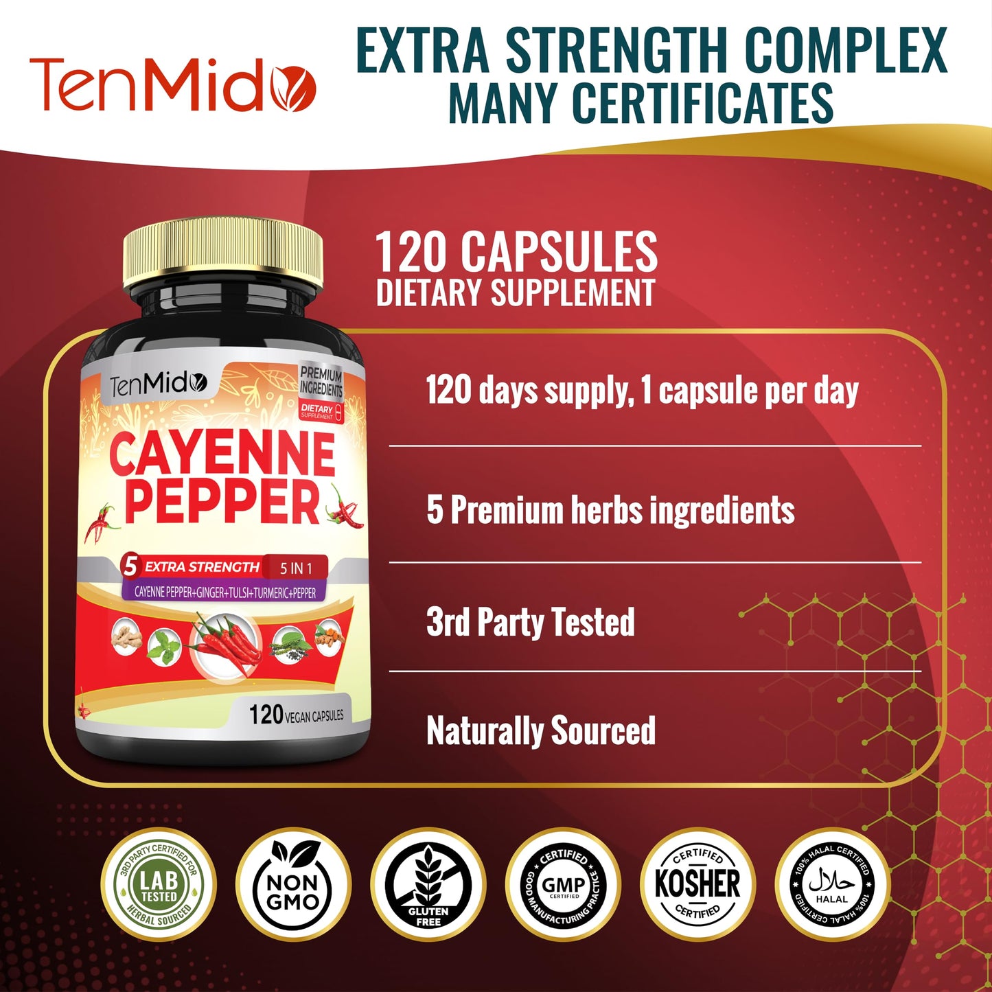 Tenmido Cayenne Pepper Supplements Extract Capsules, 120 Count