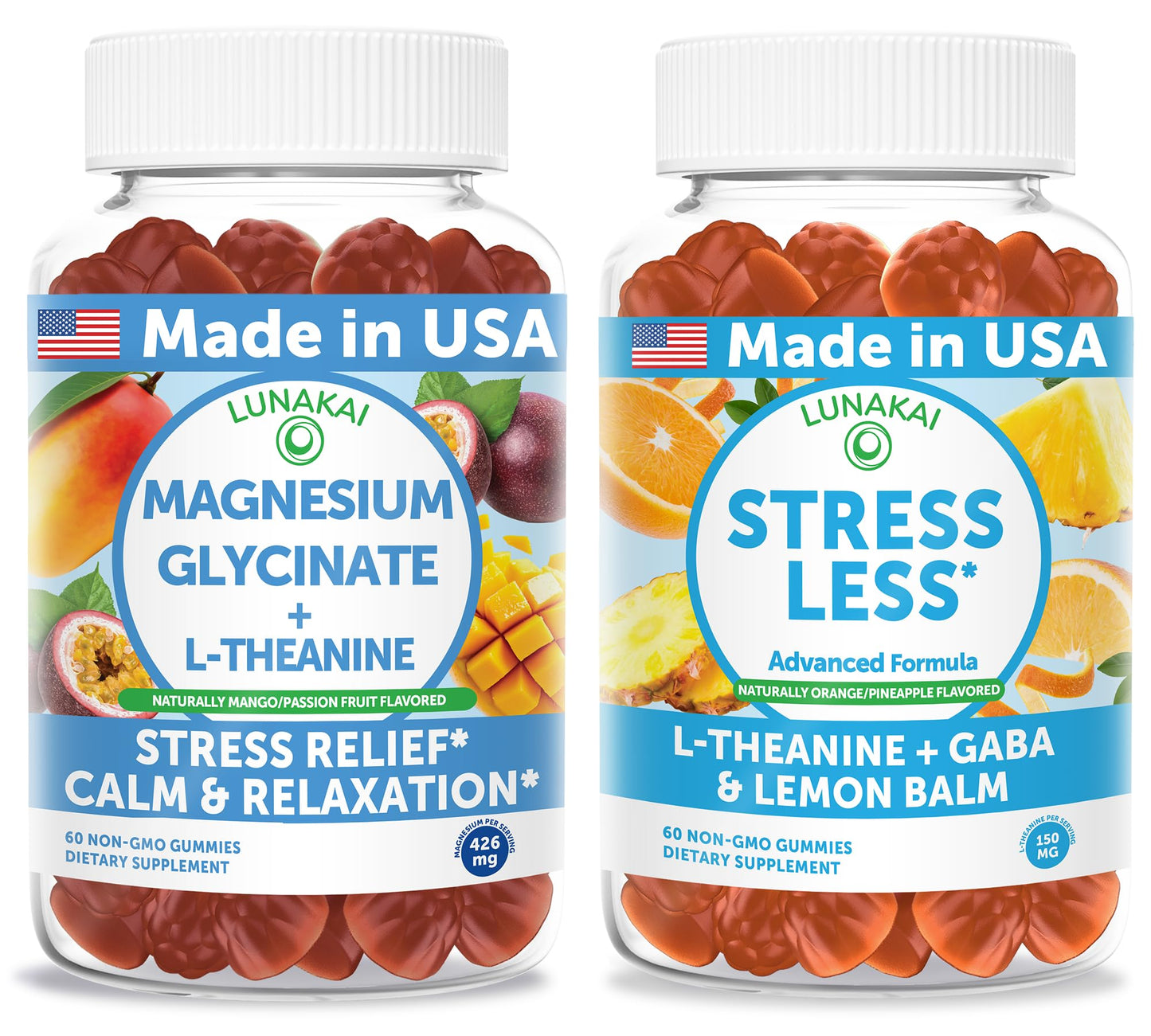Lunakai Magnesium Glycinate with L-Theanine + Stress Less Gummies Bundle, 120 Gummies