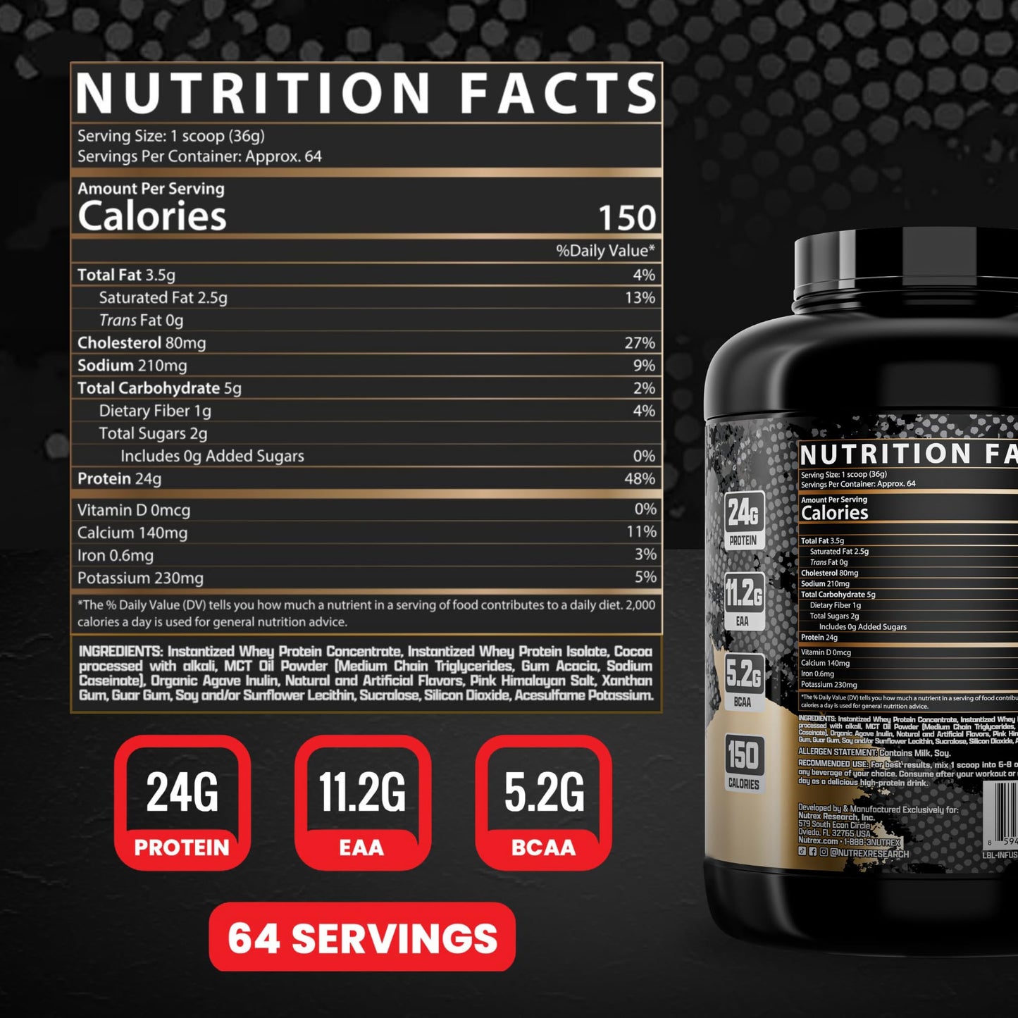 Nutrex Research Whey Protein Powder Chocolate Muscle Infusion Whey Isolate w/EAA & Hi BCAA for Muscle Gain, 5 lb, 80 Servings