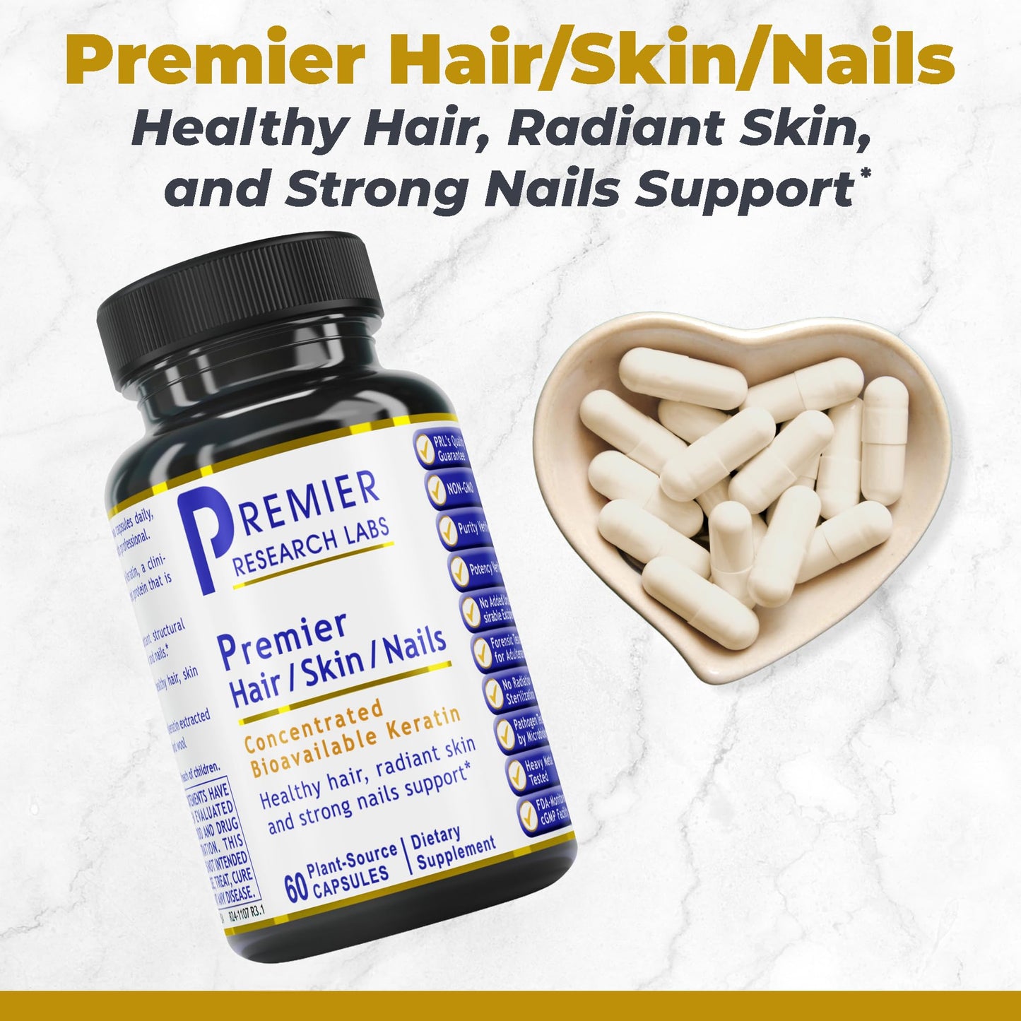 Premier Research Labs Premier Hair/Skin/Nails - Hair Growth Supplement for Women & Men with Keratin, Vitamins for Hair Growth, Beauty from Within for Hair, Skin and Nails, 60 Capsules
