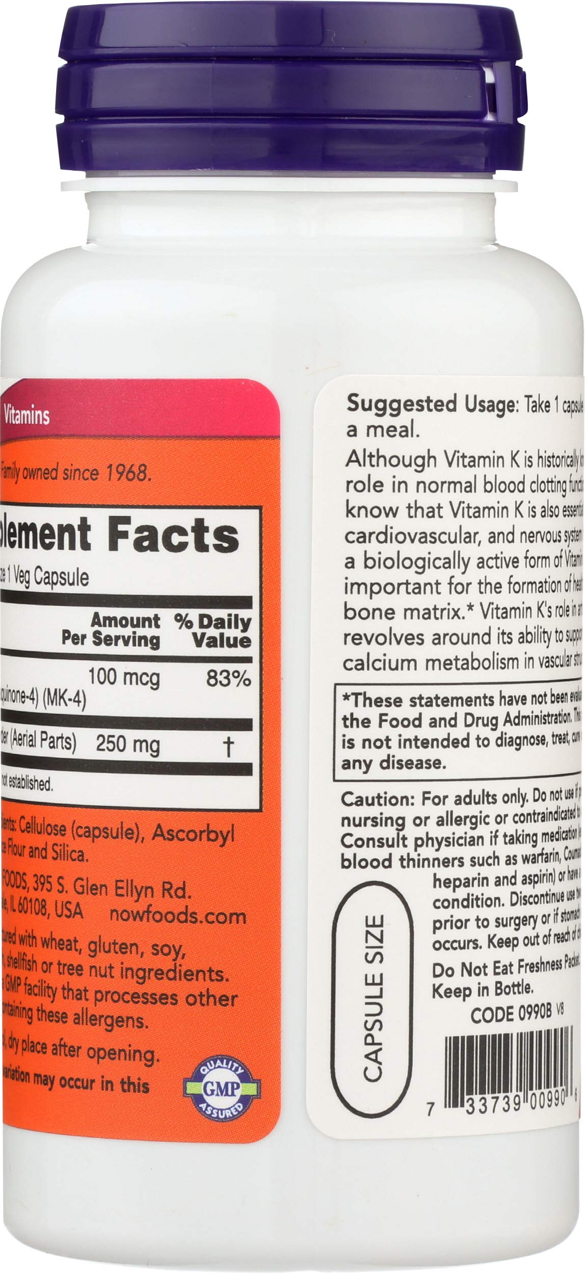 NOW Foods Vitamin K-2 Capsule, 100 Count