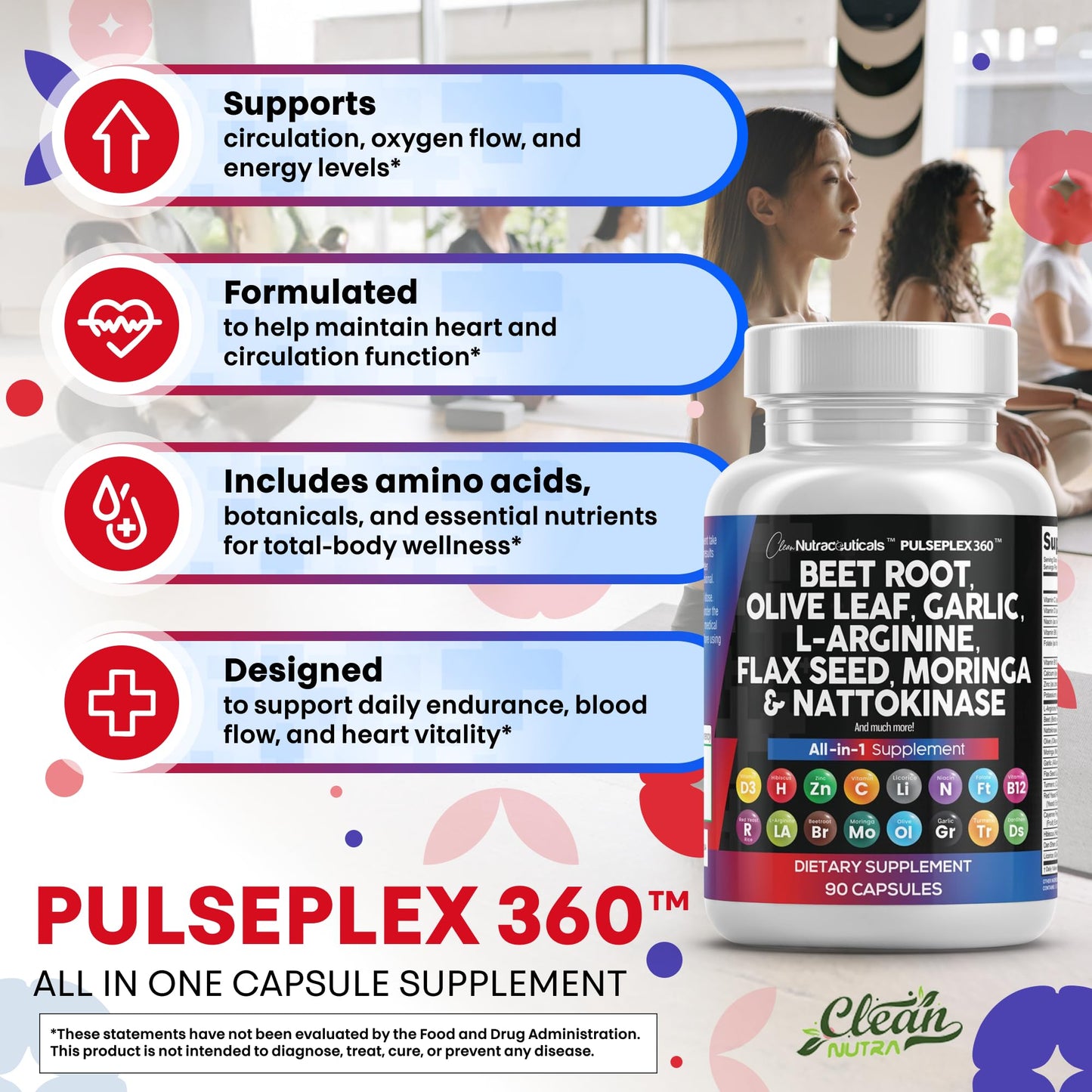 Clean Nutraceuticals Beet Root Capsule Blend with Olive Leaf Nattokinase Garlic Extract L-Arginine Omega-3 Red Yeast Rice Hibiscus Danshen - Healthy Support Supplement - 90 Capsules