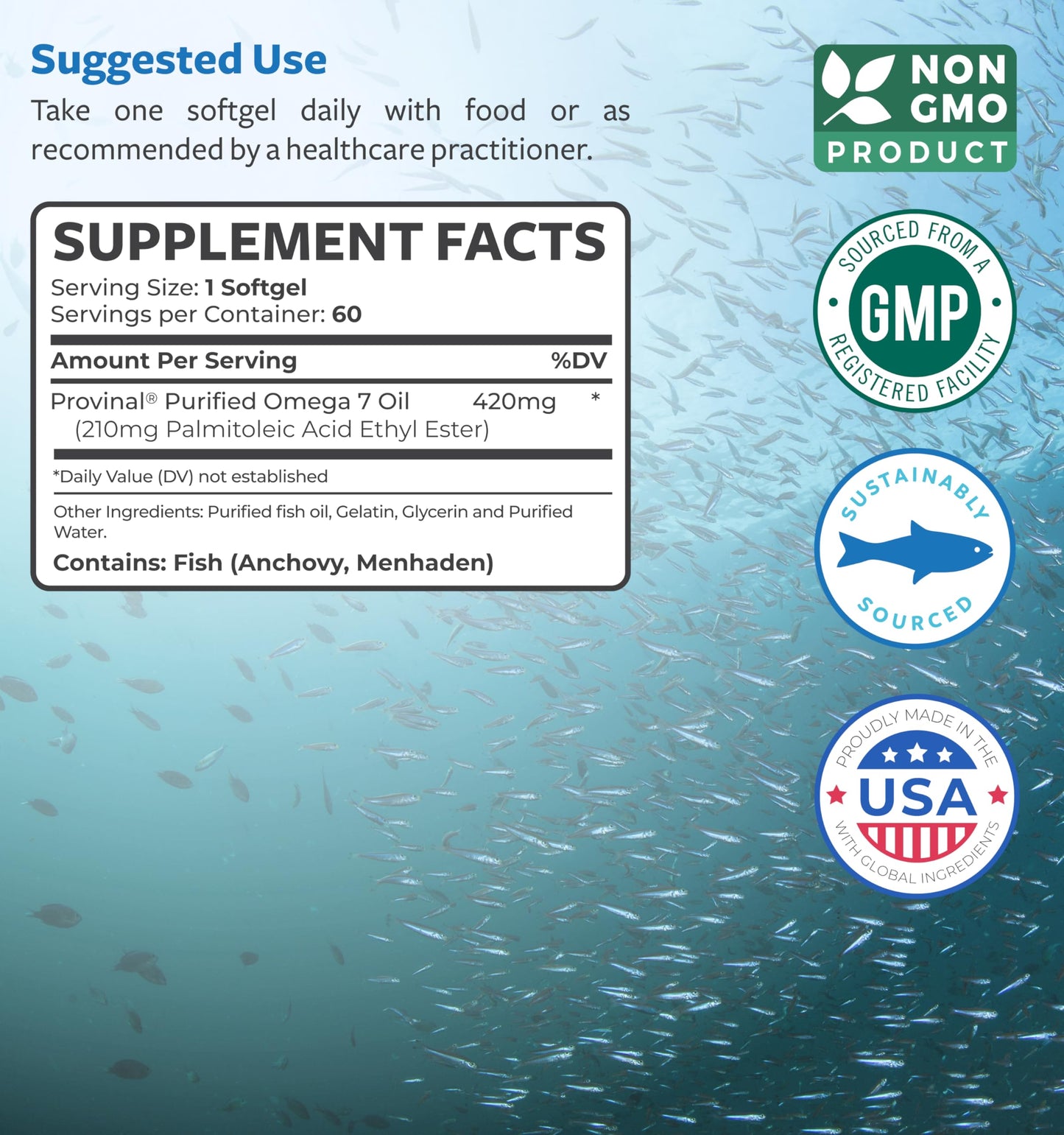 Healths Harmony Omega 7 Supplement for Women and Men - High Potency & Purity Palmitoleic Acid Fatty Acid Fish Oil Supplement from Patented Provinal with Lowest Palmitic Acid - Sustainably Sourced, 60 Capsules