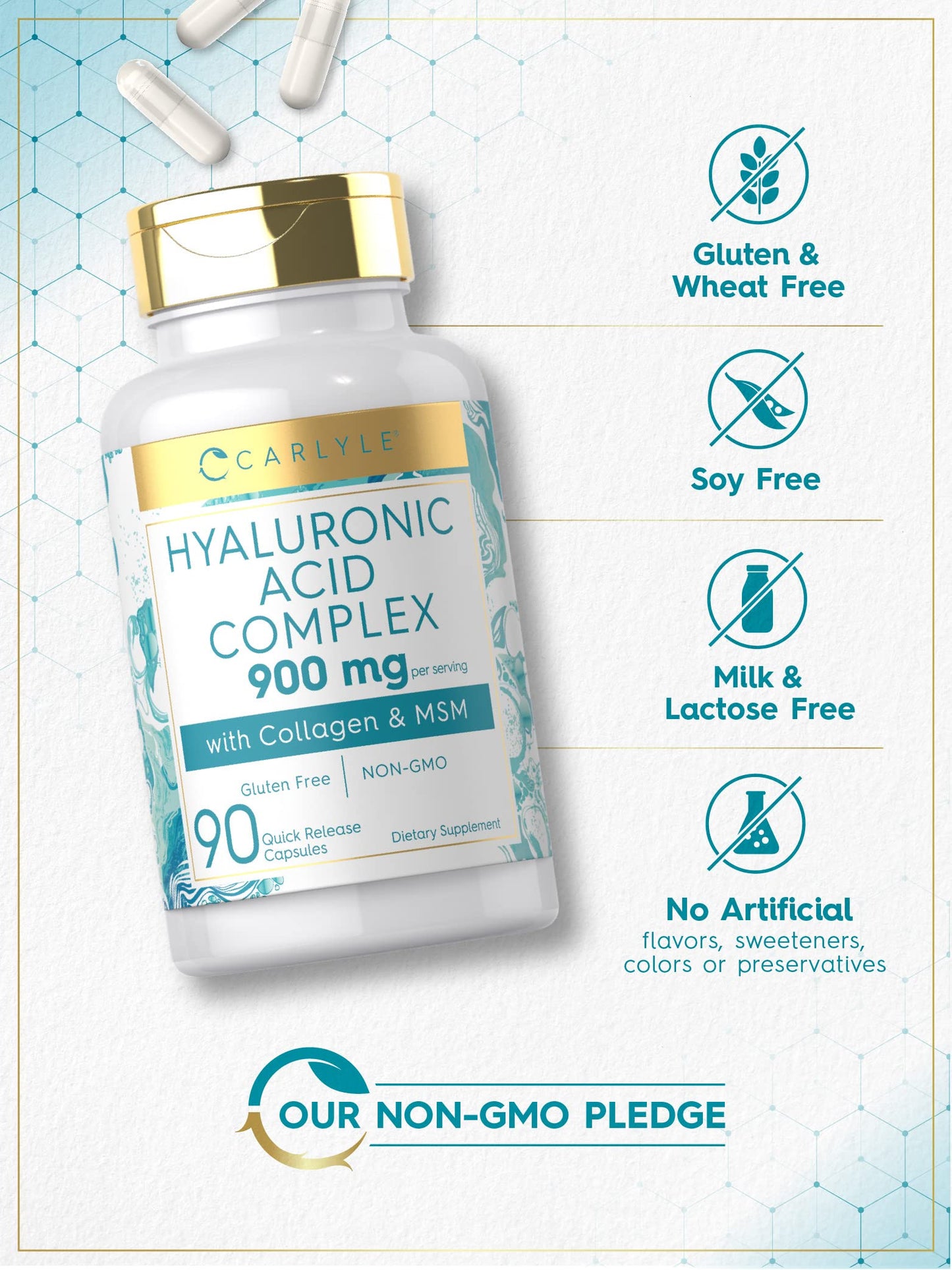 Carlyle Hyaluronic Acid Complex 900 mg with Collagen and MSM Capsules, 90 Count