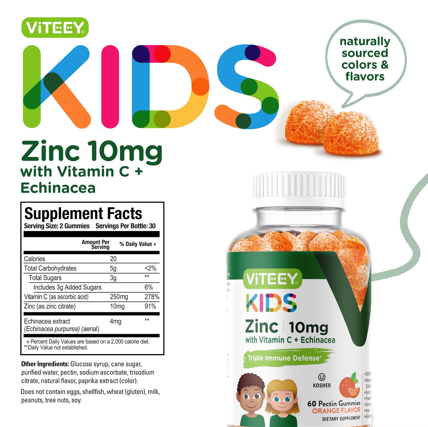 Viteey Zinc for Kids Pectin Gummy 10mg - 60 Count