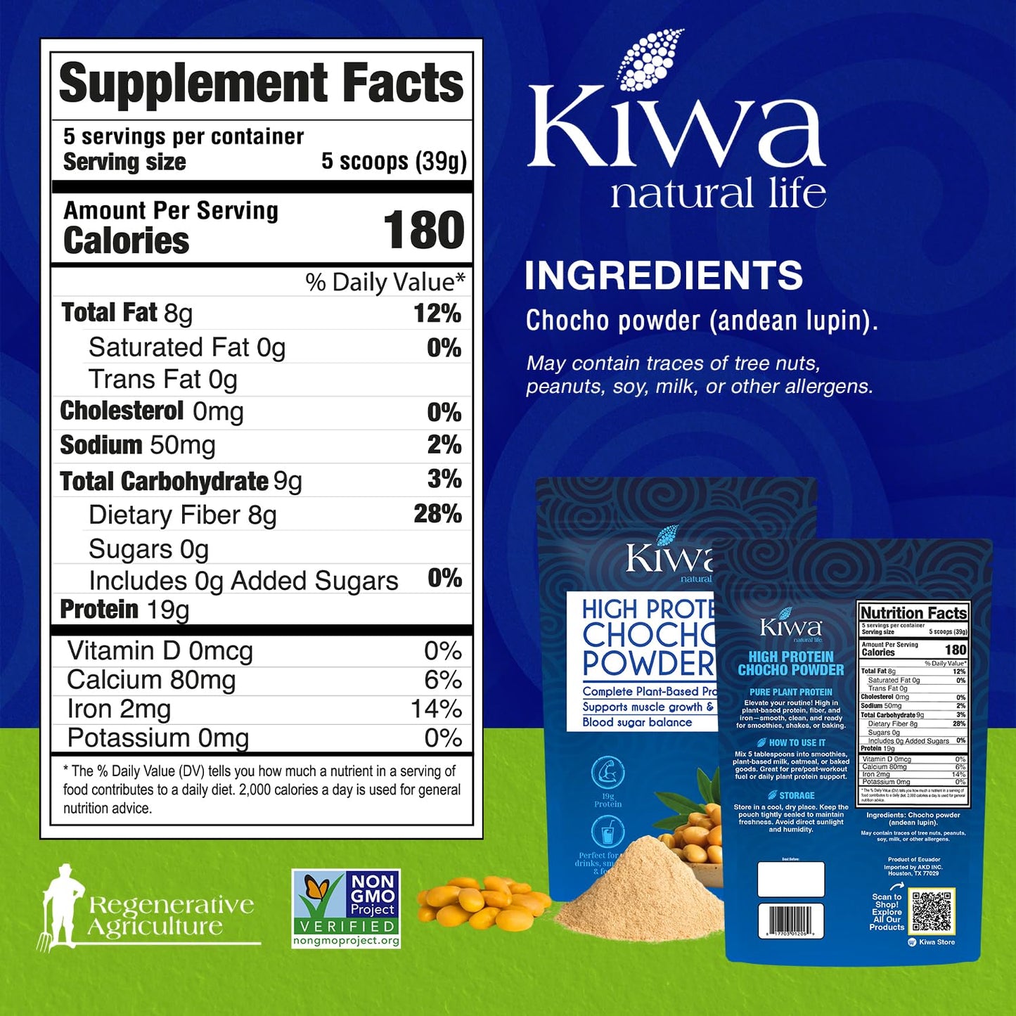 Kiwa Chocho Powder 14 oz - Complete Plant-Based Protein from Andean Lupin