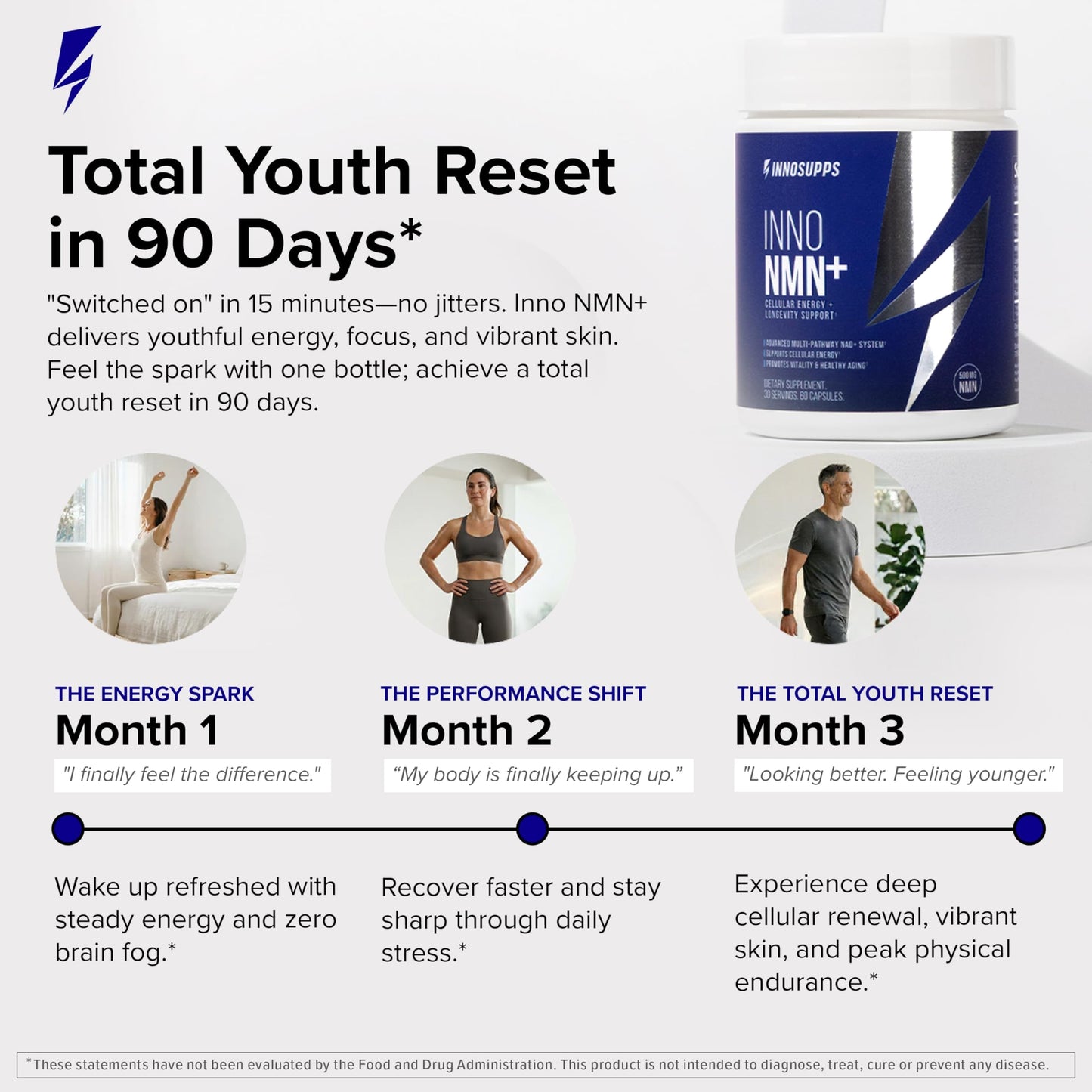 InnoSupps Inno NMN+ Supplement 500mg with NAD+ for Brain Function, Anti Aging & Cell Regeneration, Supports Cellular Energy, Muscle & Heart Health, w/Resveratrol, Niacin, & Vitamin C - 60 Servings - 120 Capsules