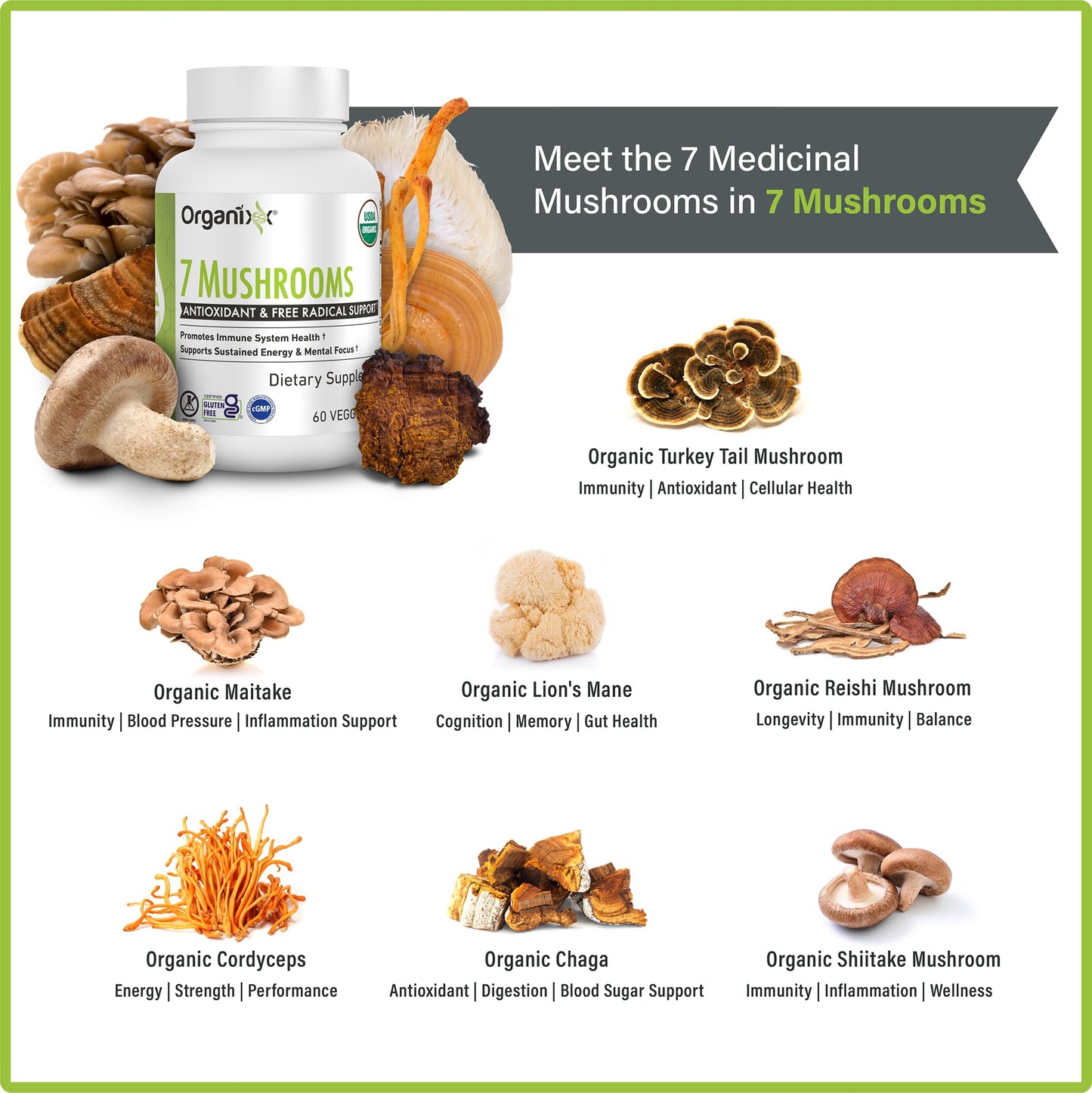 Organixx USDA Organic Mushroom Supplement Capsule, 60 Capsules
