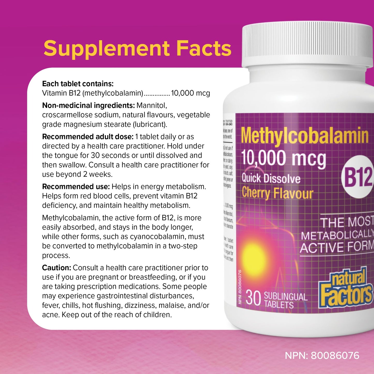 Natural Factors Methylcobalamin 10,000 mcg - Vitamin B12 Supplement in Metabolically Active Form - Supplement Supports Cll Formation & Energy Production 30 Tablets