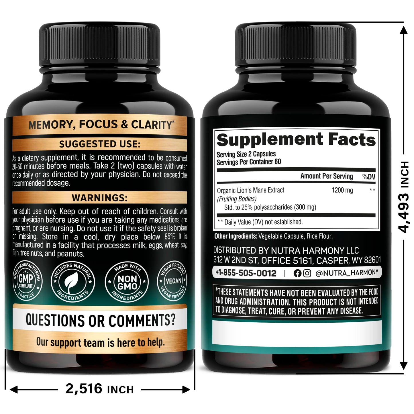 NUTRAHARMONY Mullein Leaf Extract & Lions Mane Capsules 180