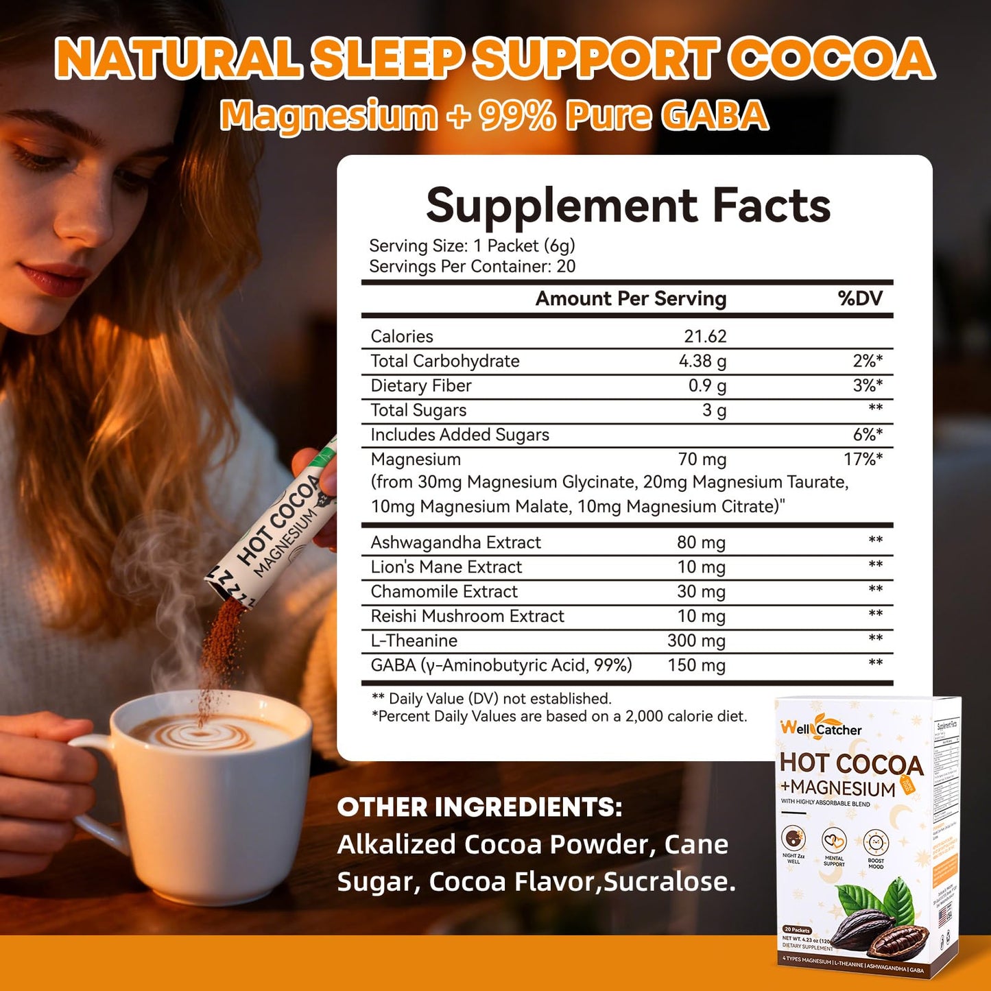 Wellcatcher Nighttime Sleep Hot Cocoa with Magnesium Powder, 4.23 oz