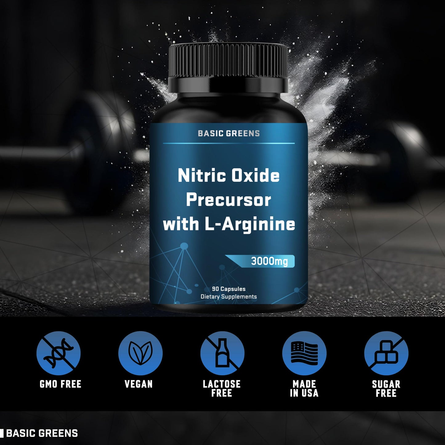 Basic Greens L-Arginine 3000mg Nitric Oxide Supplement Vegan Capsules 90 Count