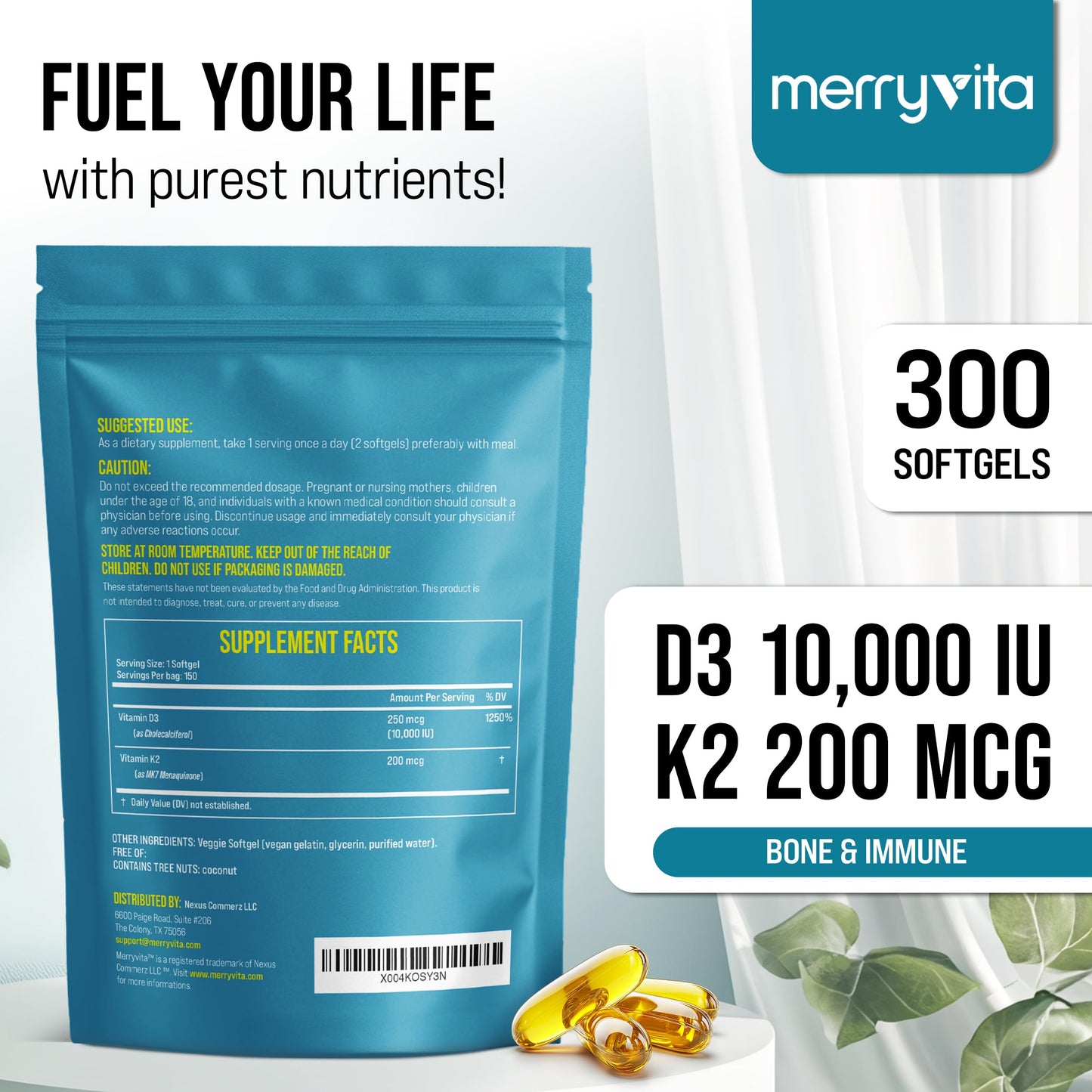 MERRY VITA Vitamin D3 K2 Softgels 300