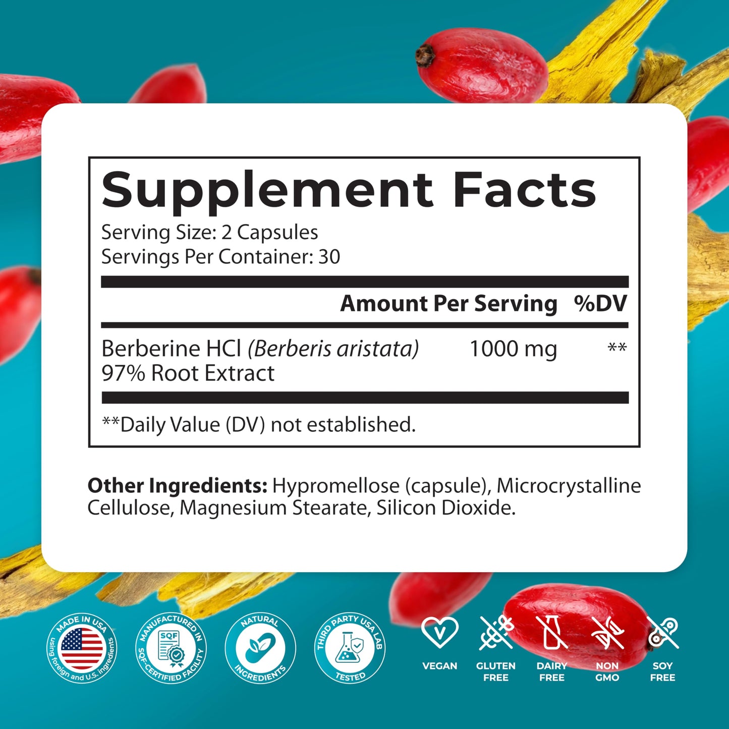 PUREHEALTH RESEARCH Organic Berberine HCL Root Extract 1000mg Vegetarian Capsules, 60 Count