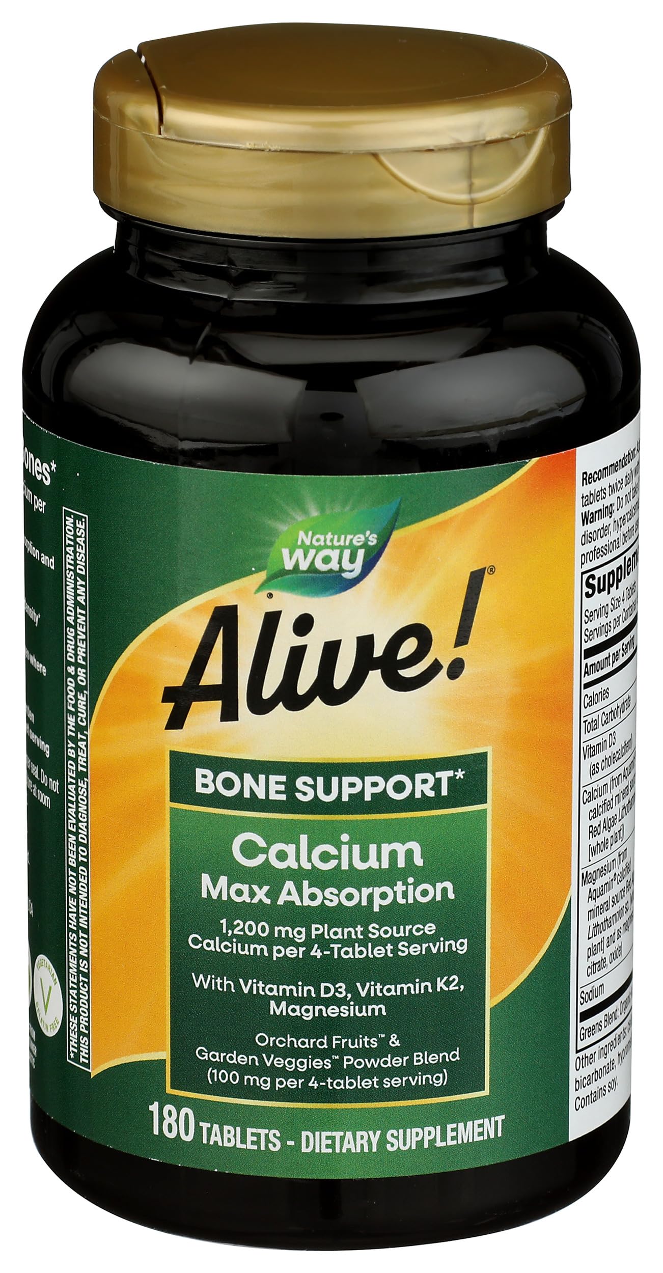 Nature's Way Alive! Calcium Bone Formula, Max Absorption, Plant Source Calcium, 180 Tablets