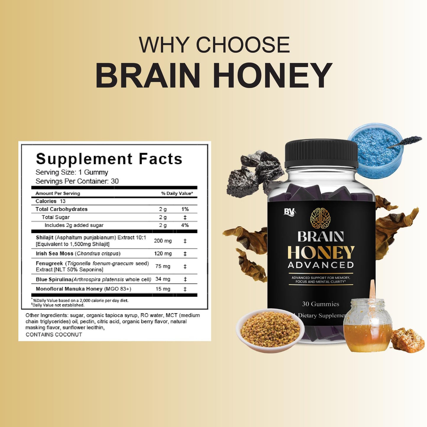 BLUE VIBE Brain Honey Advanced Nootropic Support Supplement Gummy, 30 Count