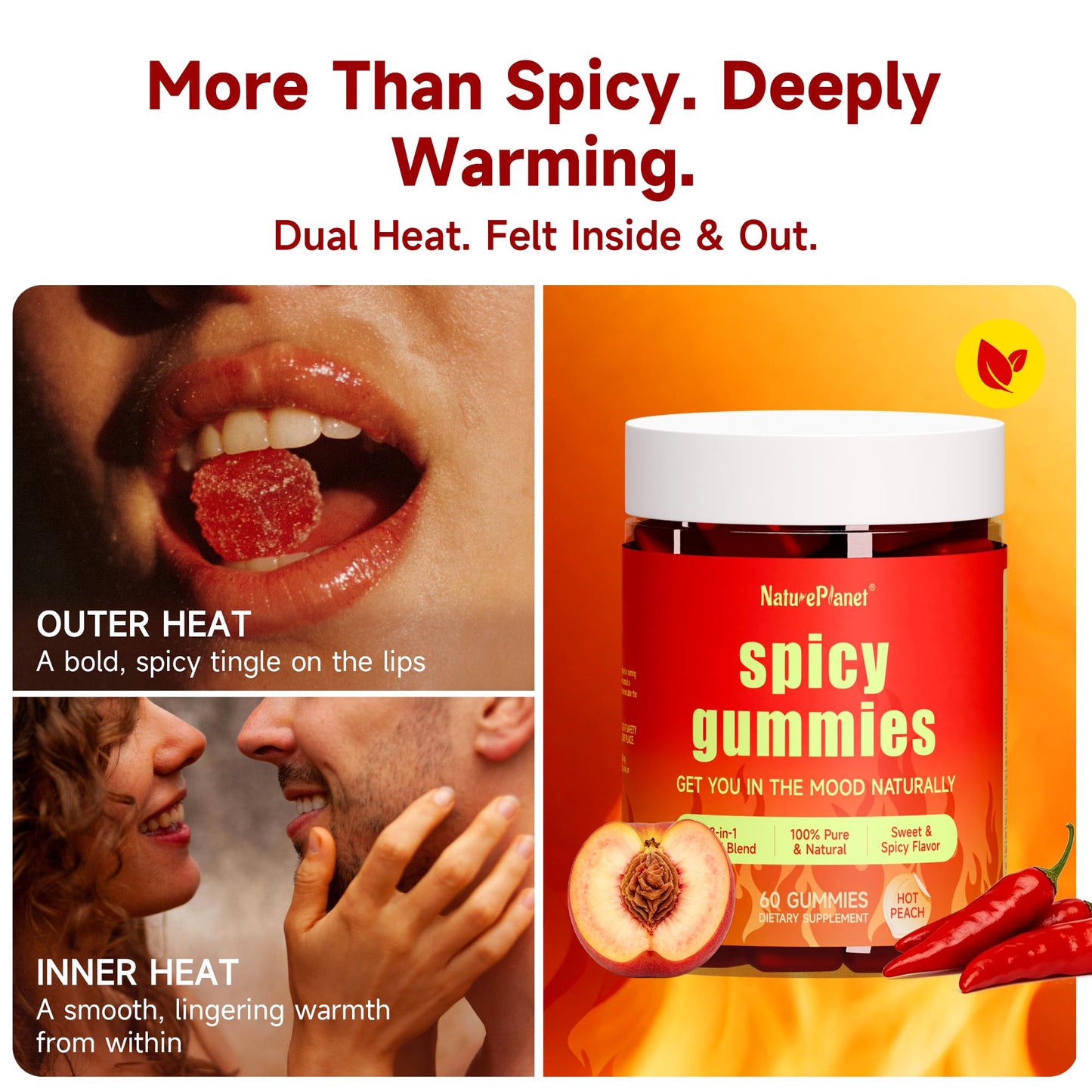 NaturePlanet Spicy Gummies Mood & Stress Support with L-Theanine, Saffron, Ashwagandha, Epimedium, Muira Puama, Maca, Hot Peach Flavor, 60 Gummies