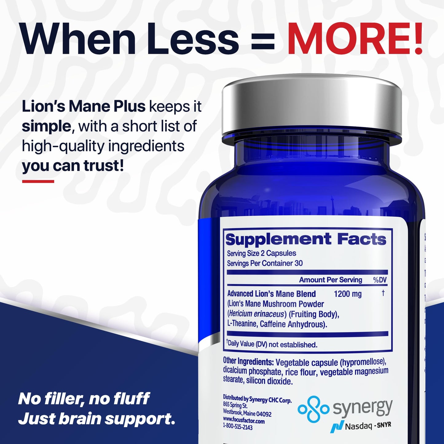 Focus Factor Lions Mane Plus, Advanced Nootropic with L-Theanine, Caffeine, Focus and Energy Capsules 60 Count
