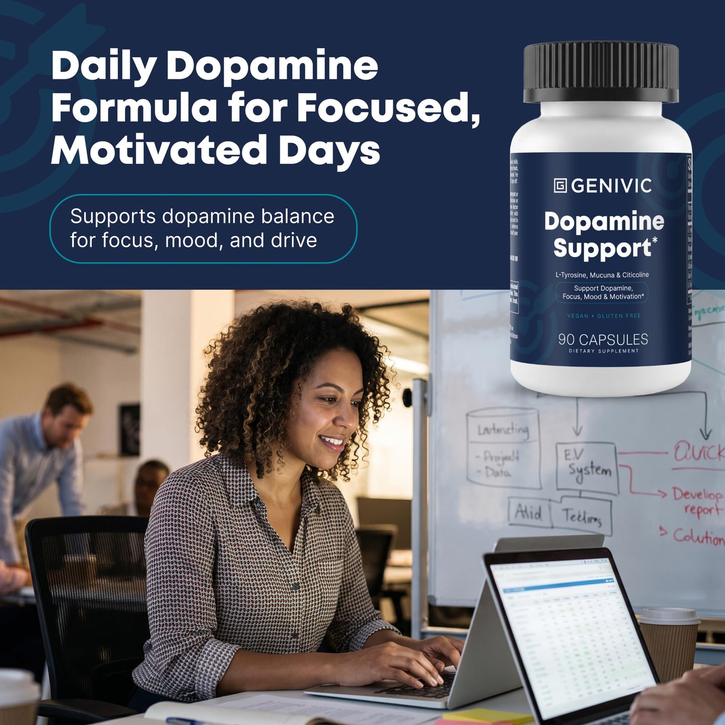 Genivic Dopamine Support Supplements for Men Women - Natural Brain Food Supplement for Adults with L-Tyrosine Mucuna Vitamin B6 - Focus Mood Balance Cognitive Wellness Support Pills Capsule 90 Count