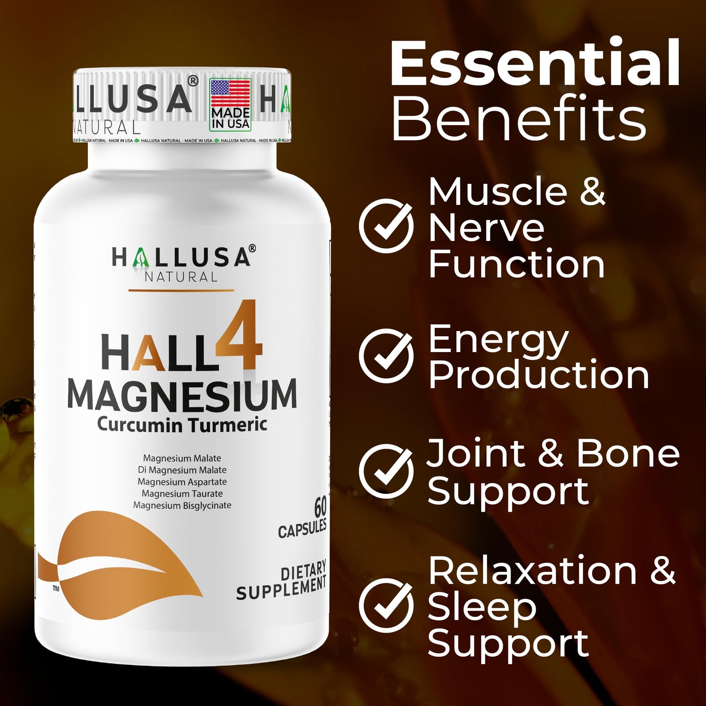Hallusa Natural Hall4Magnesium 4 Magnesium Complex + Curcumin Turmeric, 60 Capsules
