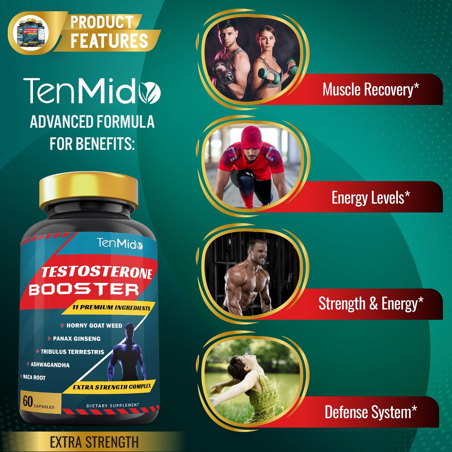 Tenmido Testosterone Booster for Men Capsules, 60 Count