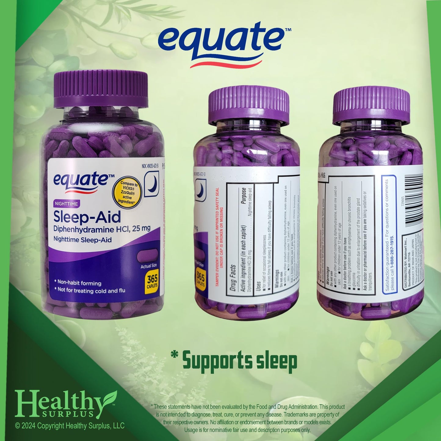 Healthy Surplus Equate Sleep-Aid Diphenhydramine HCI 25 mg Caplets, 365 Count