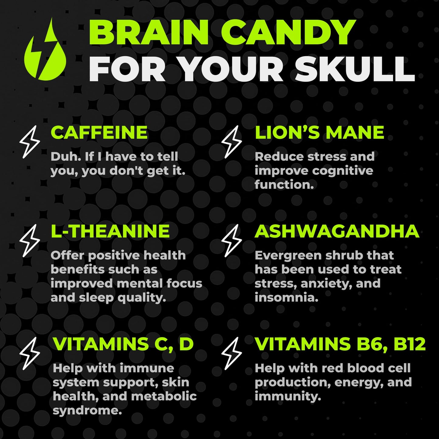 Dripz Energy Nootropic Caffeine Tablets Focus Atomic Green Apple 25 Tablets