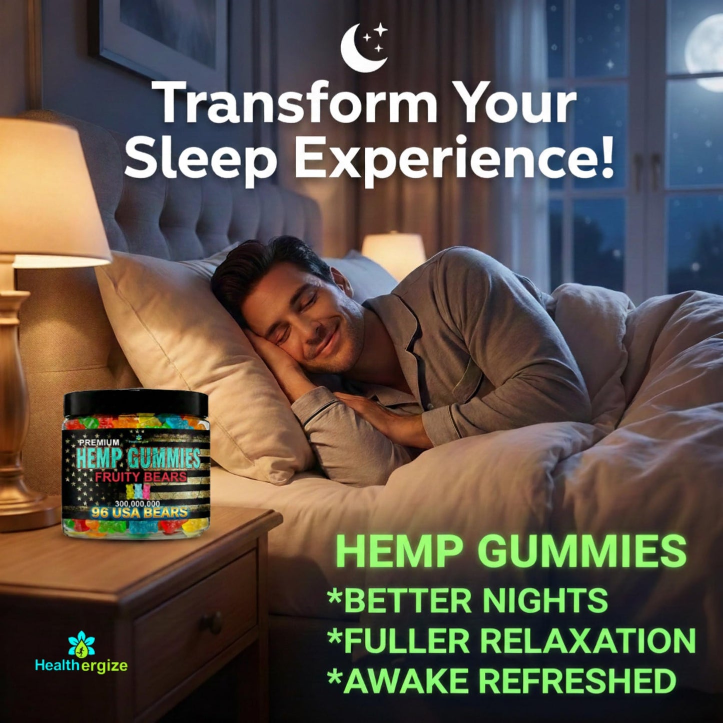 Healthergize Hemp Gummies for Sleep and Relaxation, Fruity Gummy Bears Edables, Melatonin-Free Hemp Oil Infused, Made in USA, Lab Tested, Chewable, 96 Count