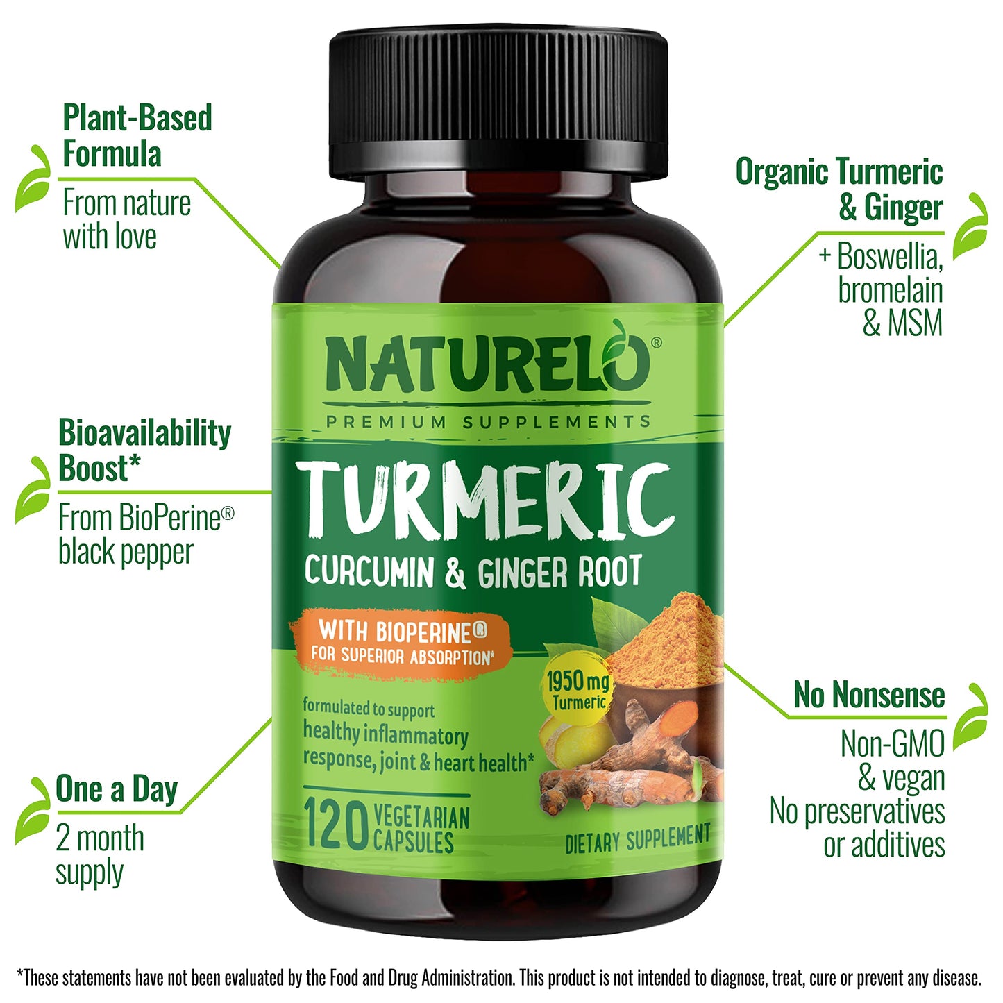 NATURELO Turmeric Curcumin, Plant Based Joint Support, Magnesium Glycinate, 200 mg Magnesium - Gluten Free, Non-GMO, 120 Capsules