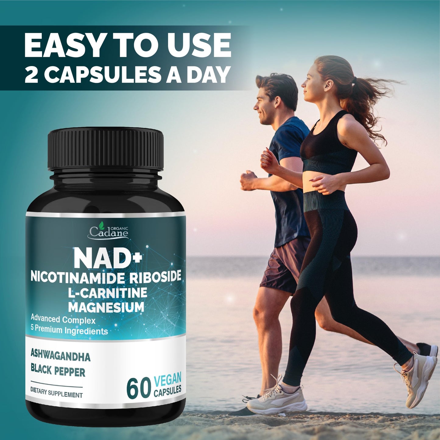 Organic Cadane Nicotinamide Riboside with L-Carnitine, Magnesium Glycinate, Ashwagandha, 60 Capsules
