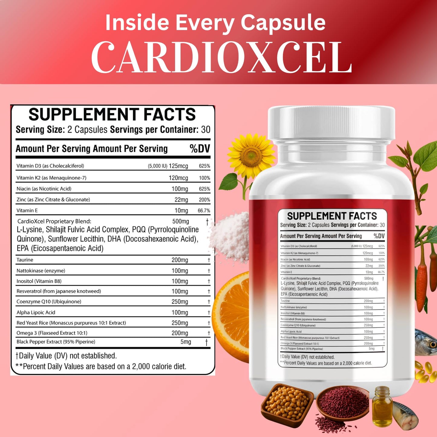 Kun Shafi COQ10 250mg, Red Yeast Rice, Omega-3, PQQ, Nattokinase, Resveratrol – Heart & Cardiovascular Support Supplement with Vitamin D3, K2, E, Zinc, 60 Capsules