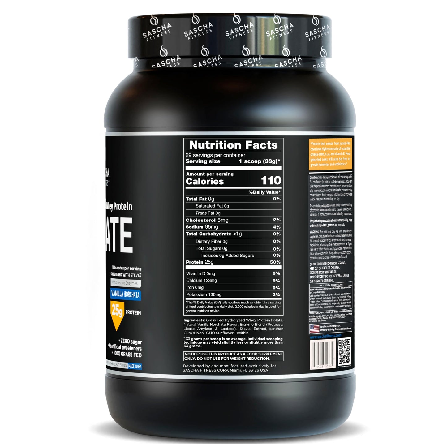 SASCHA FITNESS Hydrolyzed Whey Protein Isolate Powder, 100% Grass-Fed, Vanilla Horchata, 2 lb, 32 Servings
