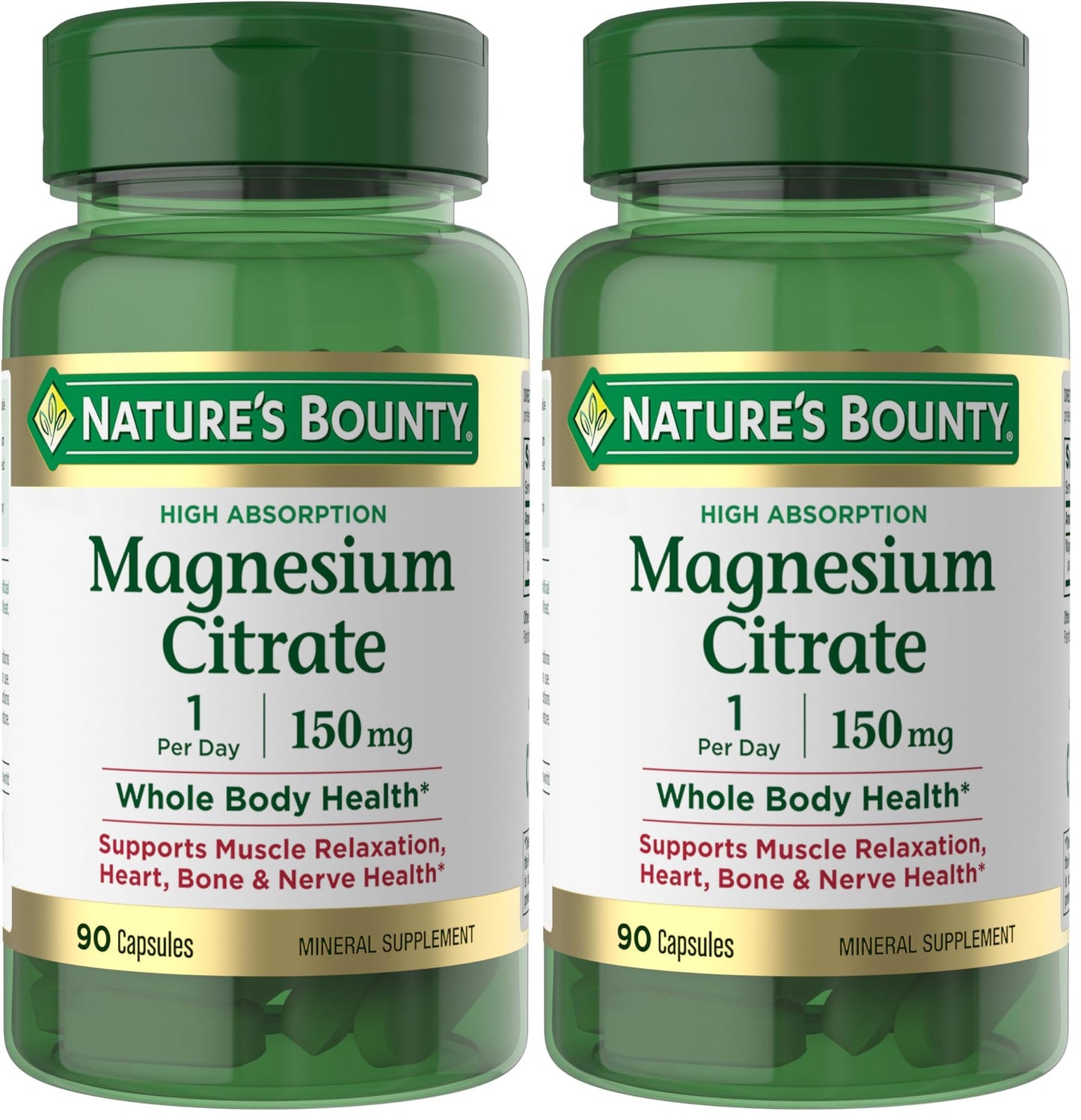 Nature's Bounty Magnesium Citrate High Absorption Magnesium Supplement for Whole Body Health with 150 mg Magnesium, Vegetarian, Gluten Free, Capsules, 180
