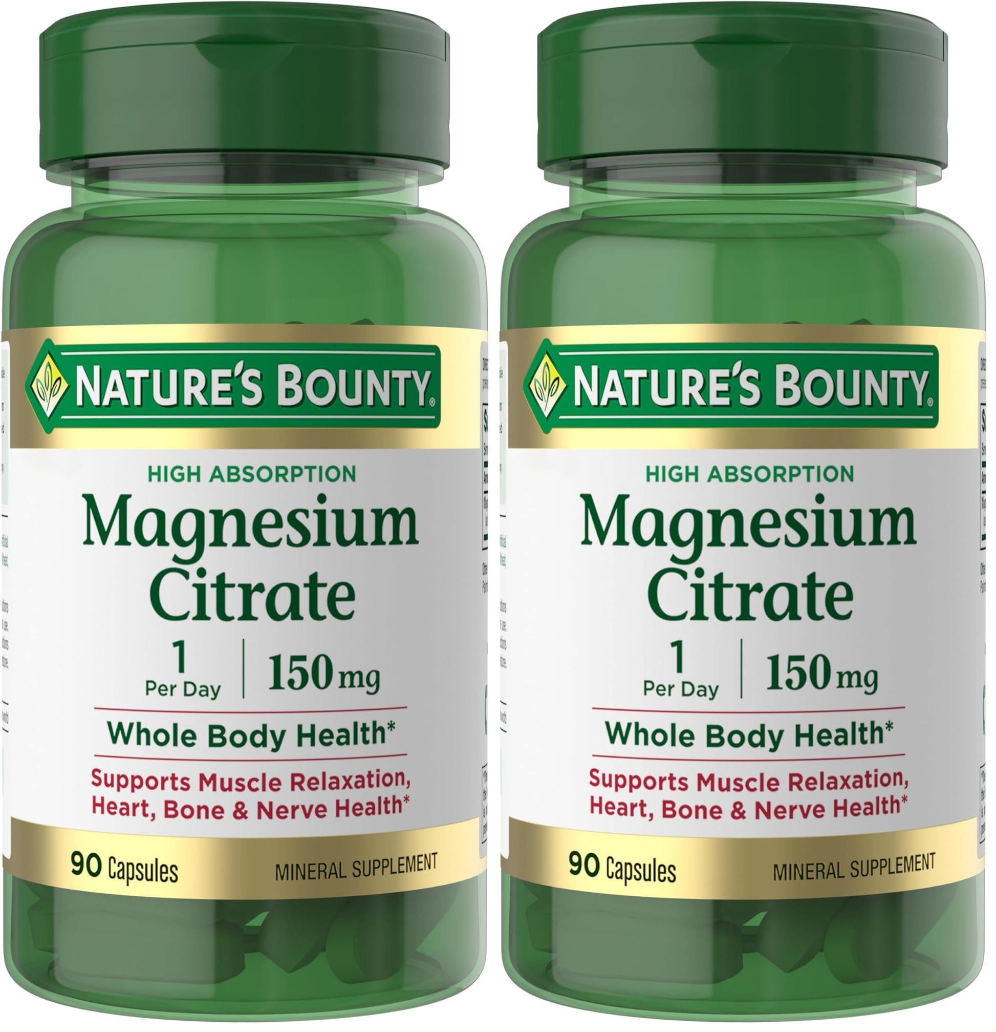 Nature's Bounty Magnesium Citrate High Absorption Magnesium Supplement for Whole Body Health with 150 mg Magnesium, Vegetarian, Gluten Free, Capsules, 180