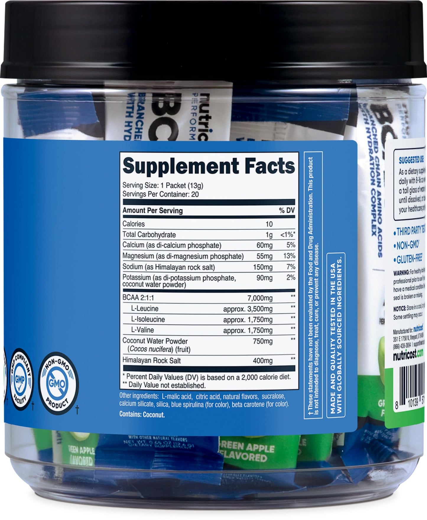 Nutricost BCAA+ Hydration Green Apple Flavored Powder - 18 Count