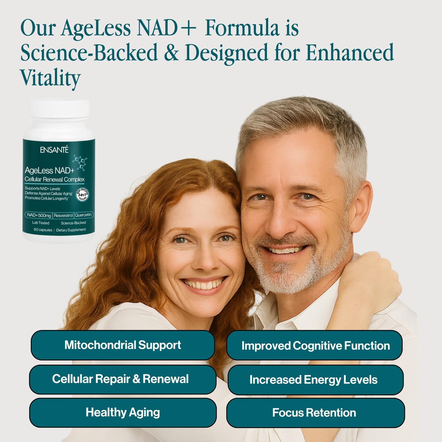 ENSANTÉ Advanced NAD+ Supplement 500mg with Resveratrol, Quercetin, Nicotinamide Riboside NAD Supplement for Women Men for Cellular Longevity, Anti Aging, Cognitive Support Capsule 1 Count
