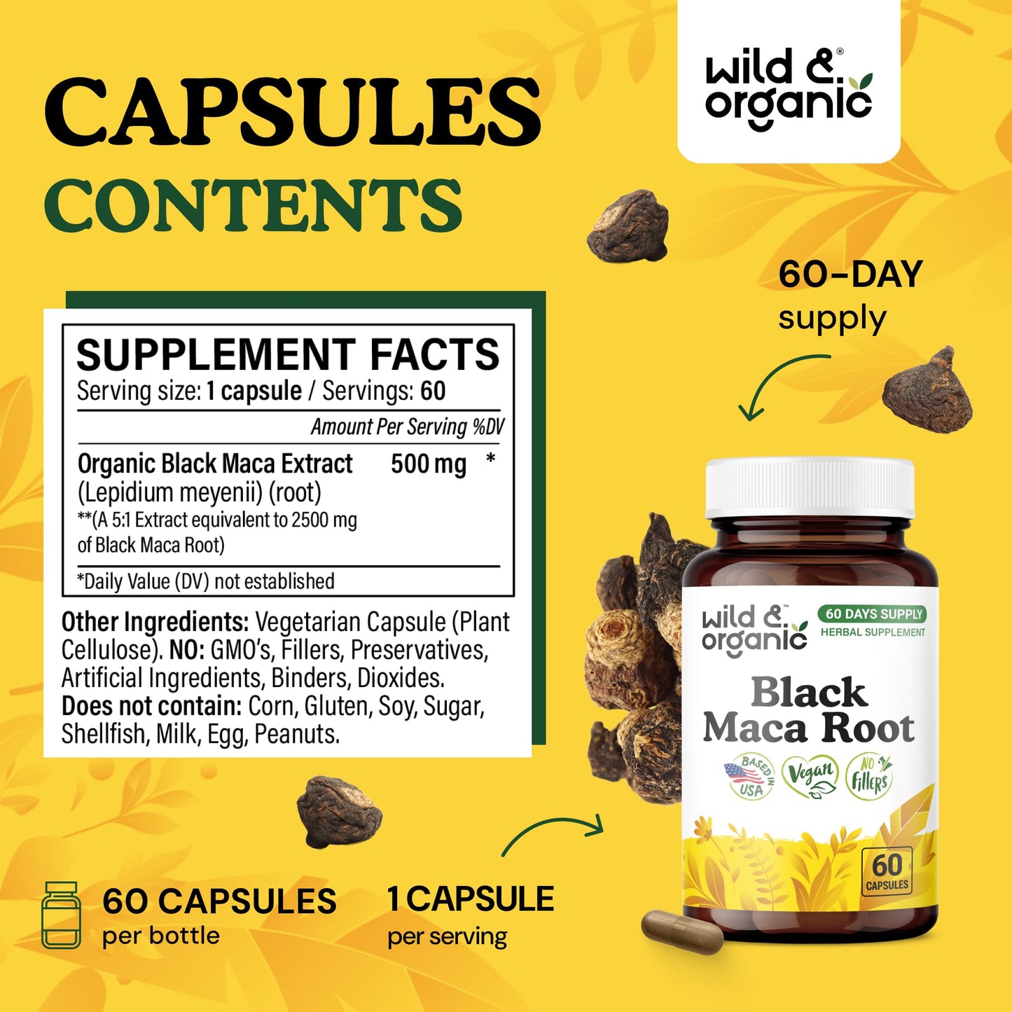 Wild & Organic Black Maca Root 500 mg, 60 Capsules