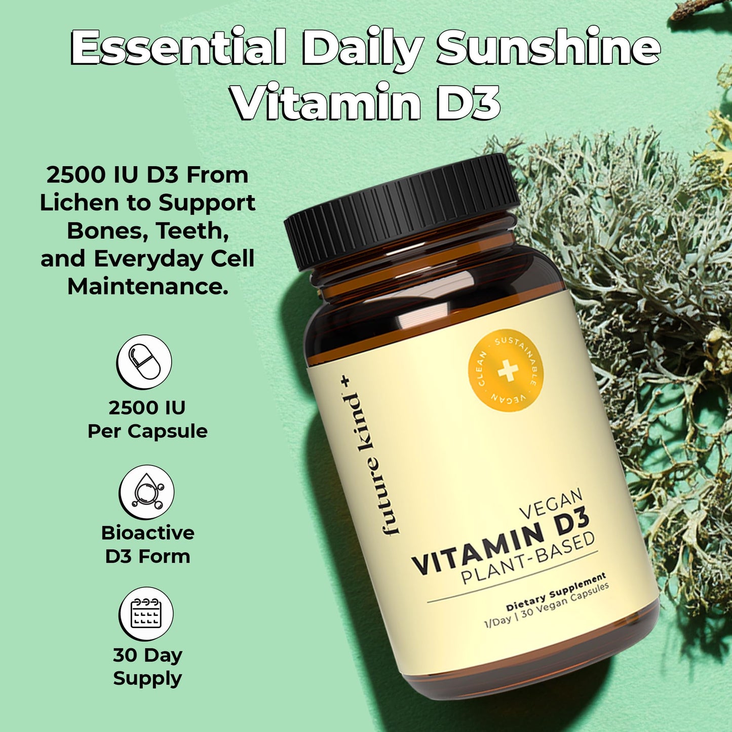 Future Kind Vitamin D3 2500 IU for Bone and Muscle Function, from Plant Lichen, Non-GMO, Sugar Free, Pure Vitamin D3, 1 Capsule