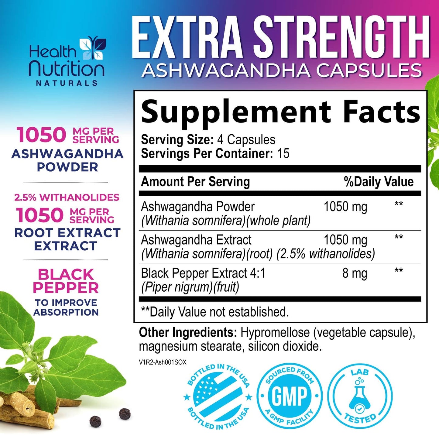 Health Nutrition Naturals Ashwagandha Capsules, 60 Count