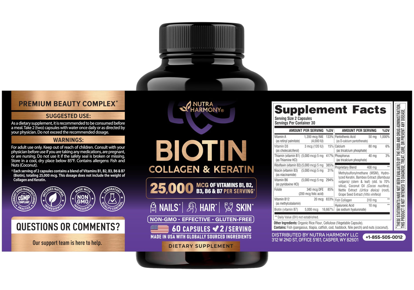 NUTRAHARMONY Biotin, Collagen, Keratin & Resveratrol Blend Capsules, 180 Capsules