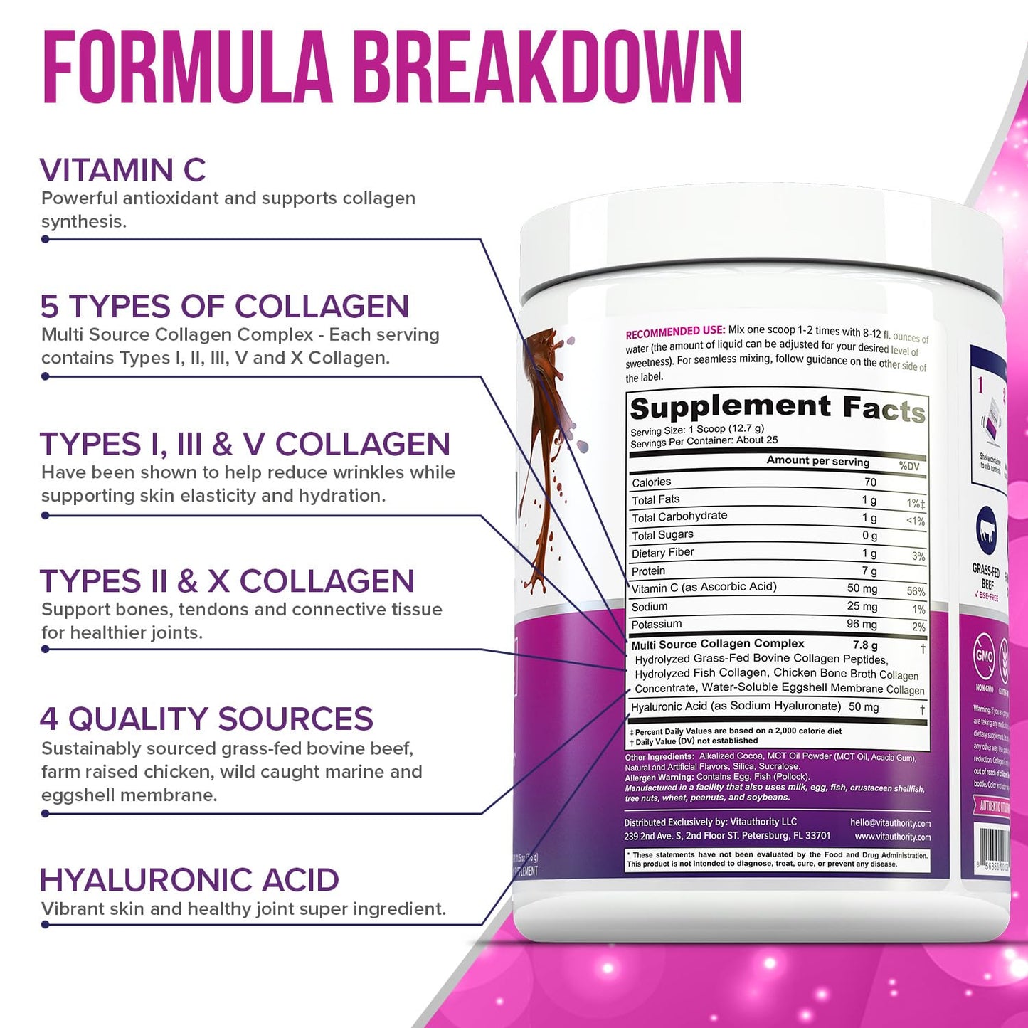 Vitauthority Multi Collagen Peptides Powder for Women Hydrolyzed Chocolate Collagen Powder with Types I II III V & X Vitamin C & Hyaluronic Acid for Hair Skin and Nails, 11.15 oz