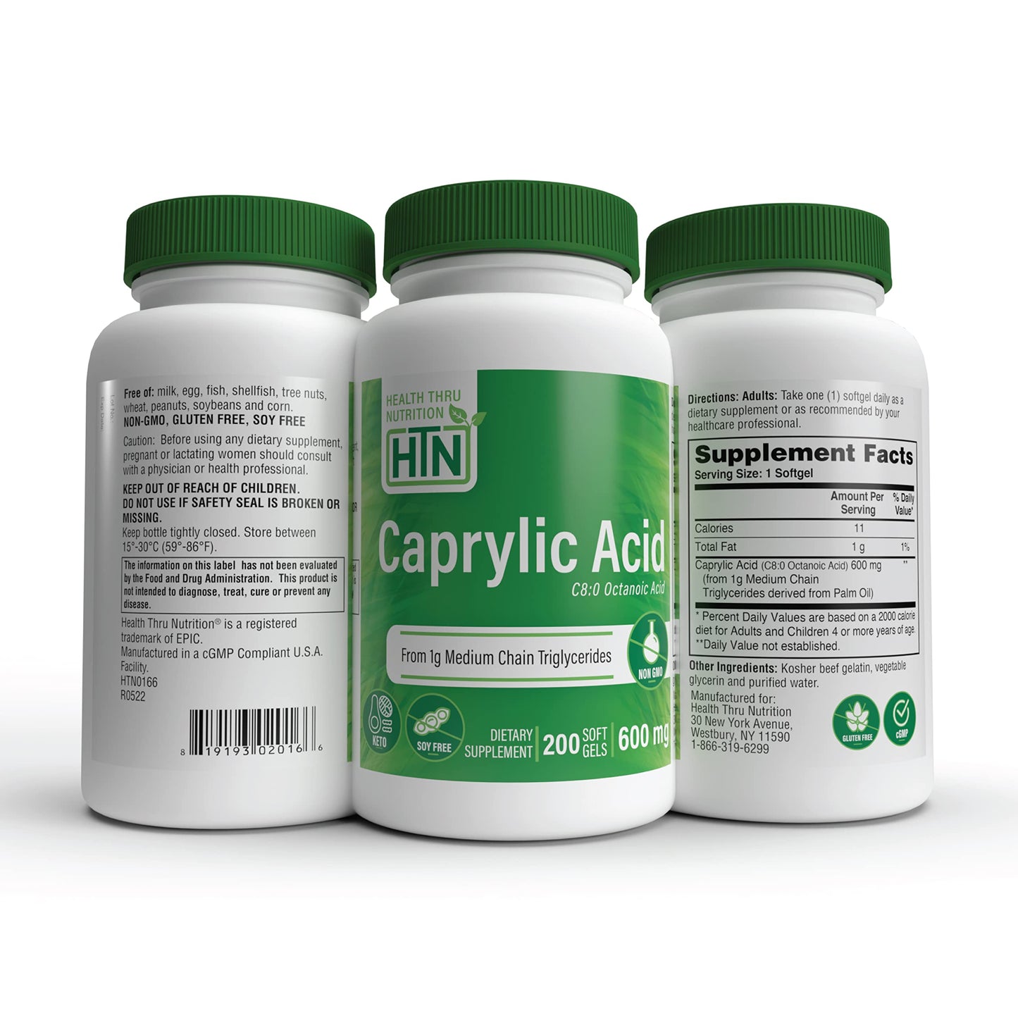 Health Thru Nutrition Caprylic Acid 600mg Softgels, 200 Count