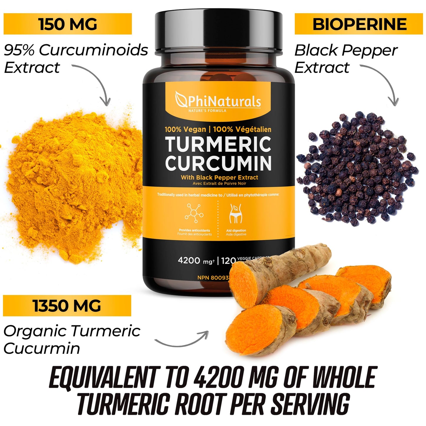 PhiNaturals Turmeric and Black Pepper Extract 1500 mg per Serving Capsule, 120 Count