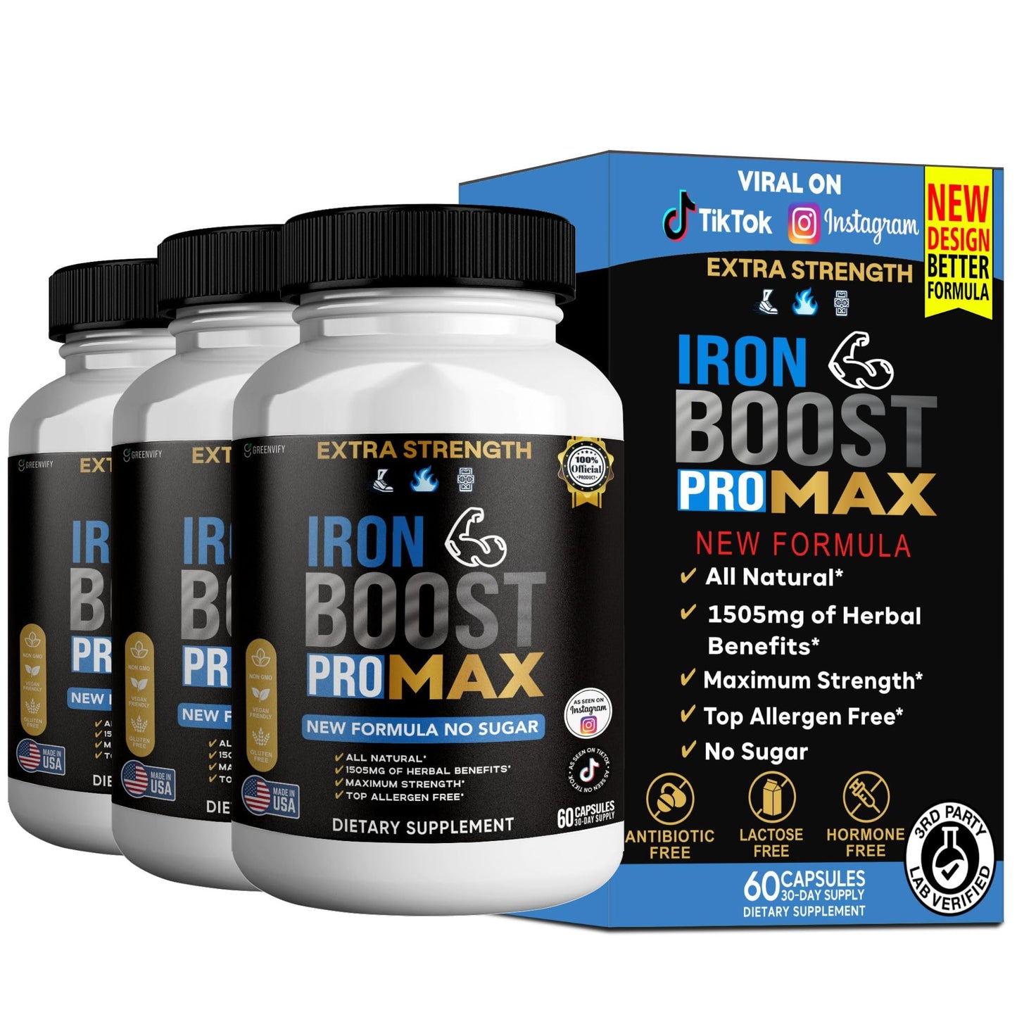 GREENVIFY Iron Boost Pro Max Extra Strength Dietary Supplement Organic Maca Root Blend Capsules, 60