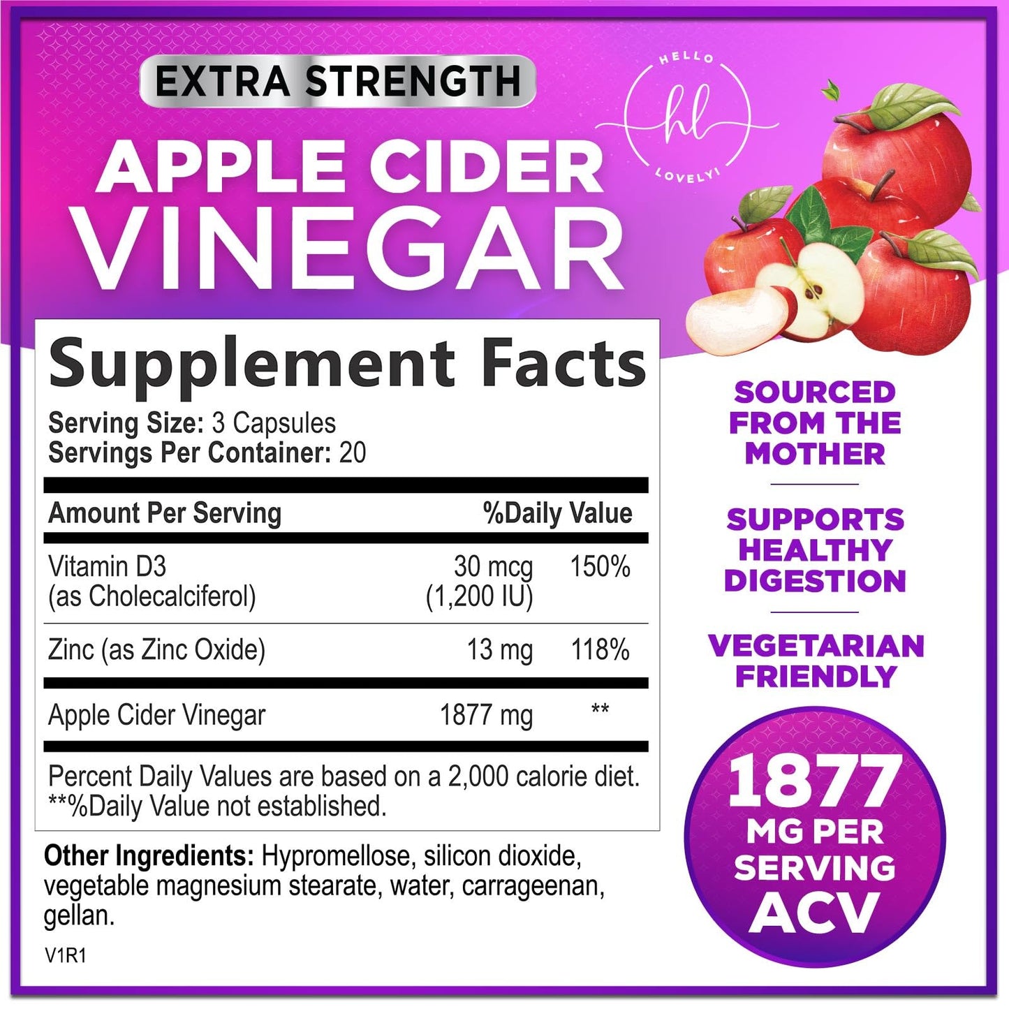 Hello Lovely! Apple Cider Vinegar 1877mg Per Serving Extra Strength ACV Capsules with Vitamin D3, 60 Count