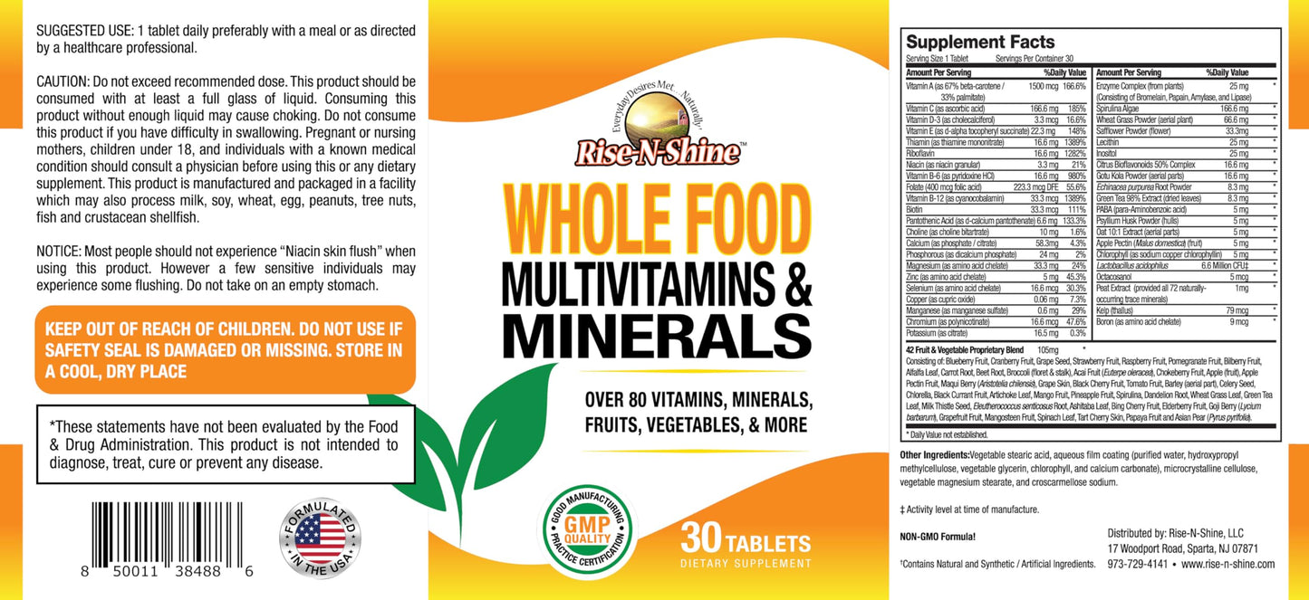 Rise-N-Shine Whole Food Vegan Multivitamins & Minerals with Over 80 Minerals, Vegetables & More Tablet 30 Count