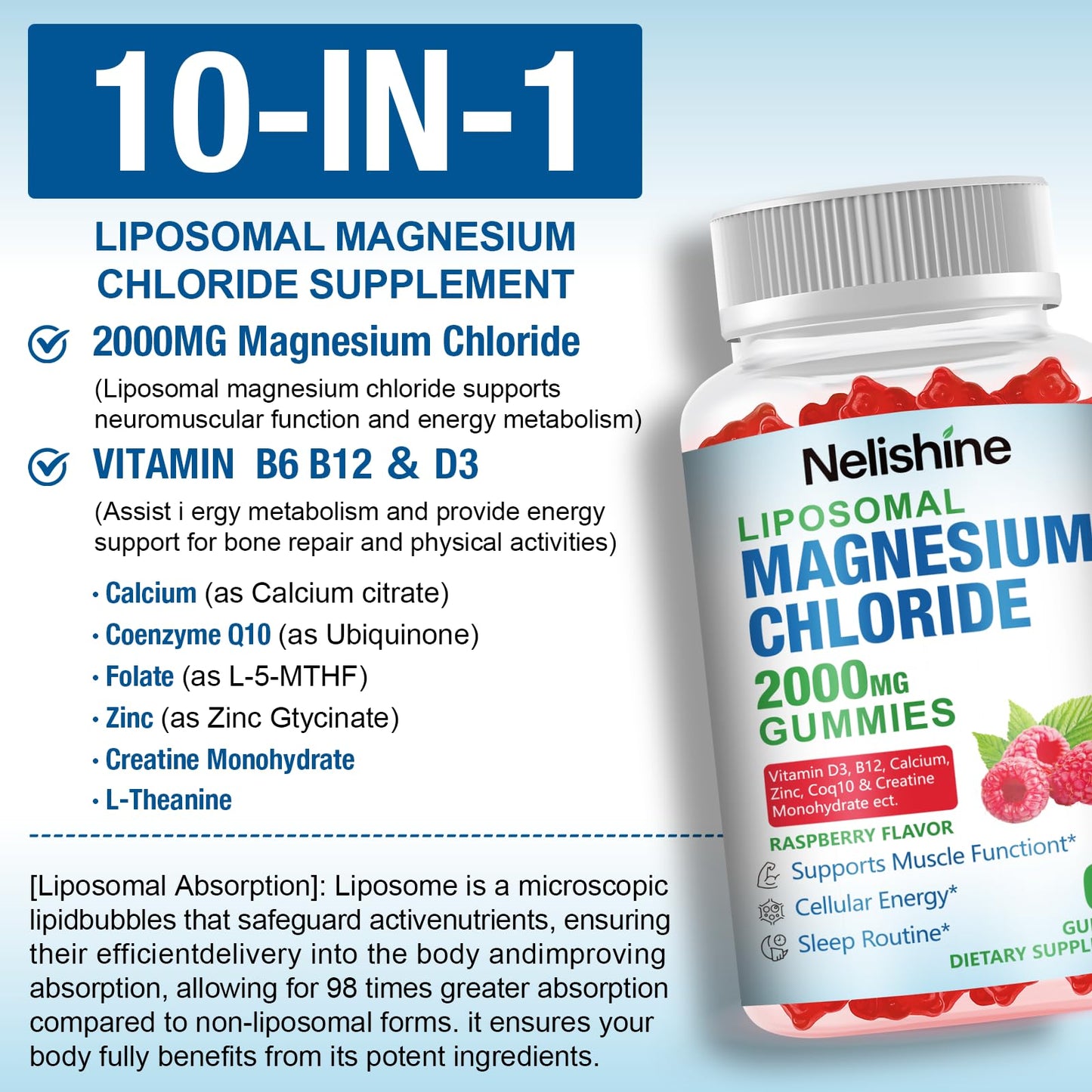 Nelishine Liposomal Magnesium Chioride Gummies 2000mg with Calcium, Vitamin D3, B12, Zinc, L-Theanine, CoQ10, Proprietary Blend for Stress Relief, Heart & Muscle, Immune, Energy & Relaxation Support, 120 Gummies
