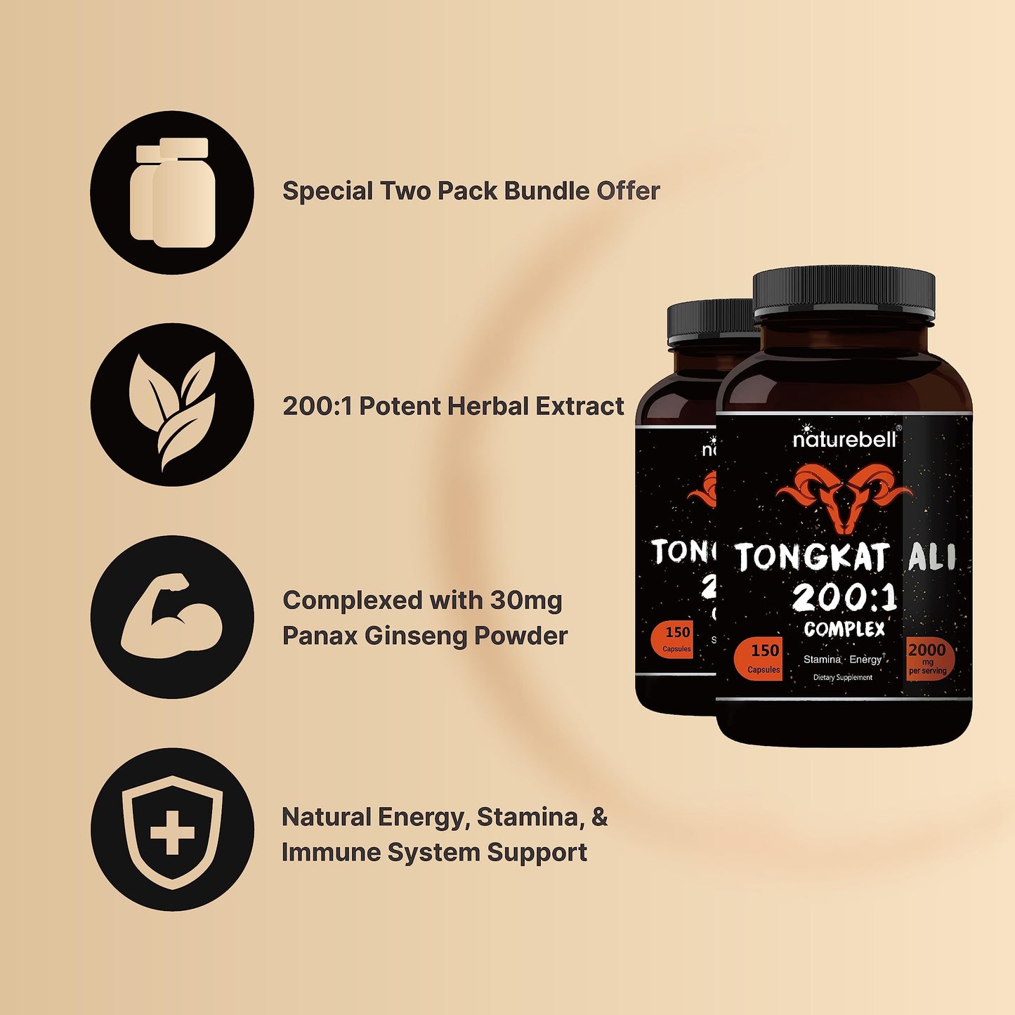 NatureBell Tongkat Ali 200:1 Longjack Extract for Men Capsules, 2000mg per Serving, 300 Capsules