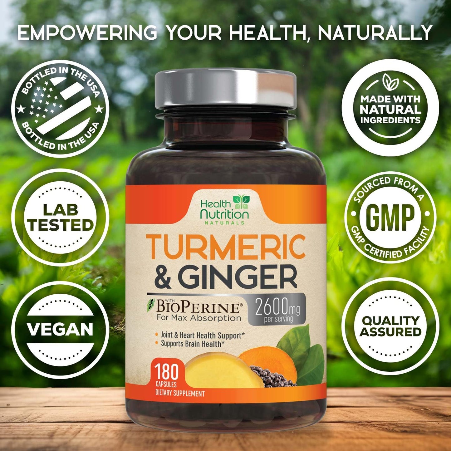 Health Nutrition Naturals Turmeric Curcumin Supplement 2200mg 95% Curcuminoids Capsules, 180 Capsules